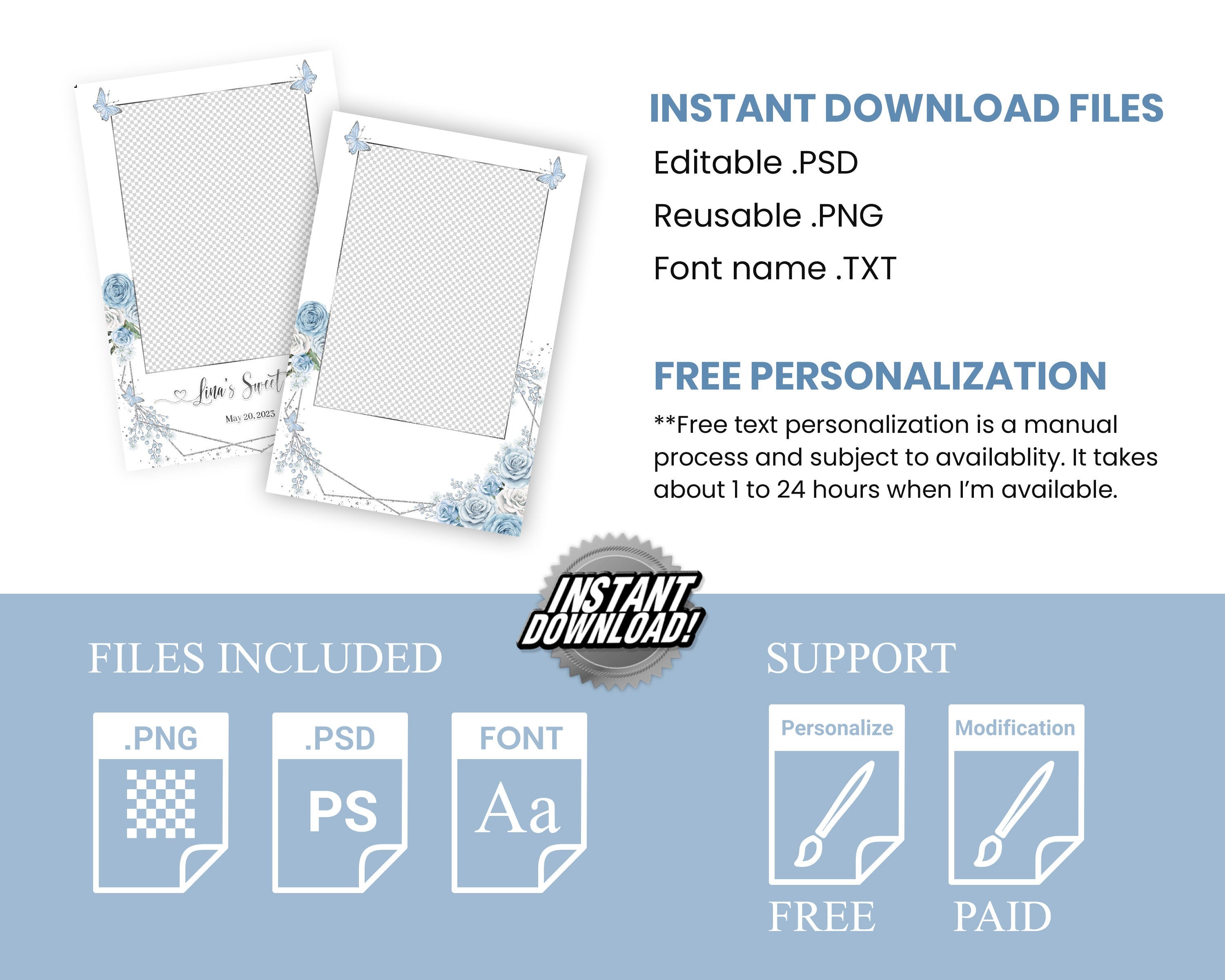 Birthday Butterfly Floral Quinceañera Sweet 16 Photo Booth template 4x6 Mirror Booth Sixteen Flower Blue Silver Photobooth Template