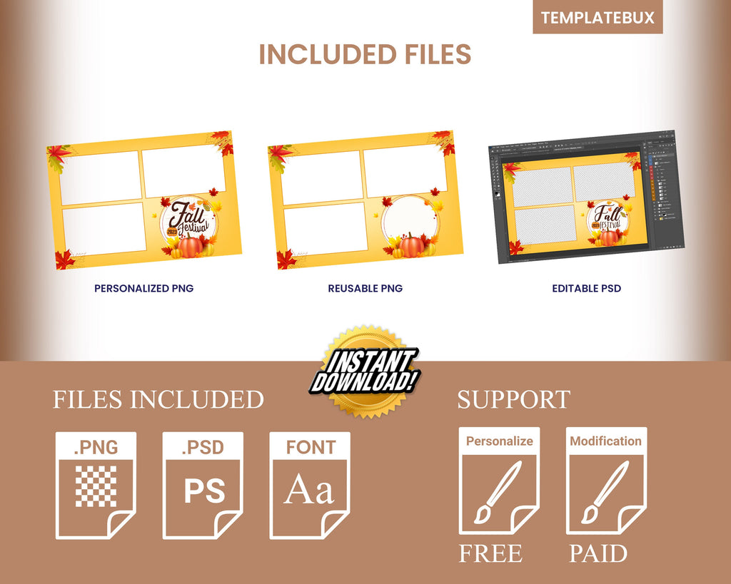 Fall Festival photobooth template and Thanksgiving 4x6 orange pumpkin theme 3 photo postcard layout for DSLR booth darkroom PNG 2024 F8