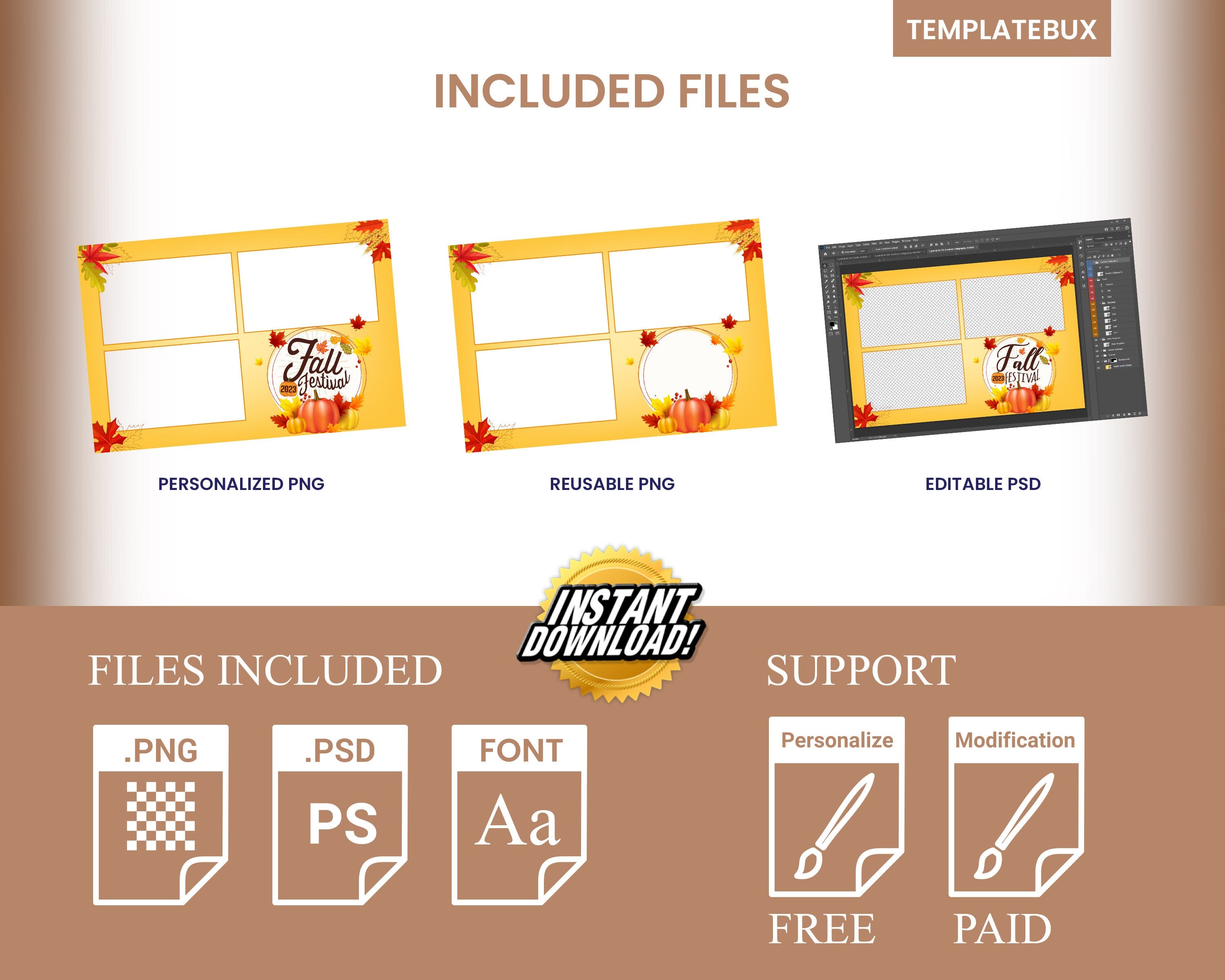Fall Festival photobooth template and Thanksgiving 4x6 orange pumpkin theme 3 photo postcard layout for DSLR booth darkroom PNG 2024 F8