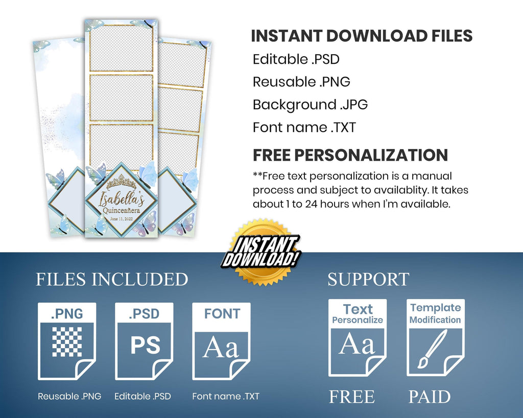 Birthday Photobooth Template, Baby Blue Butterfly Quinceañera, Sweet 16 Photo Booth, Quinceanera, Mis Quince Photobooth, XV Butterfly Bday