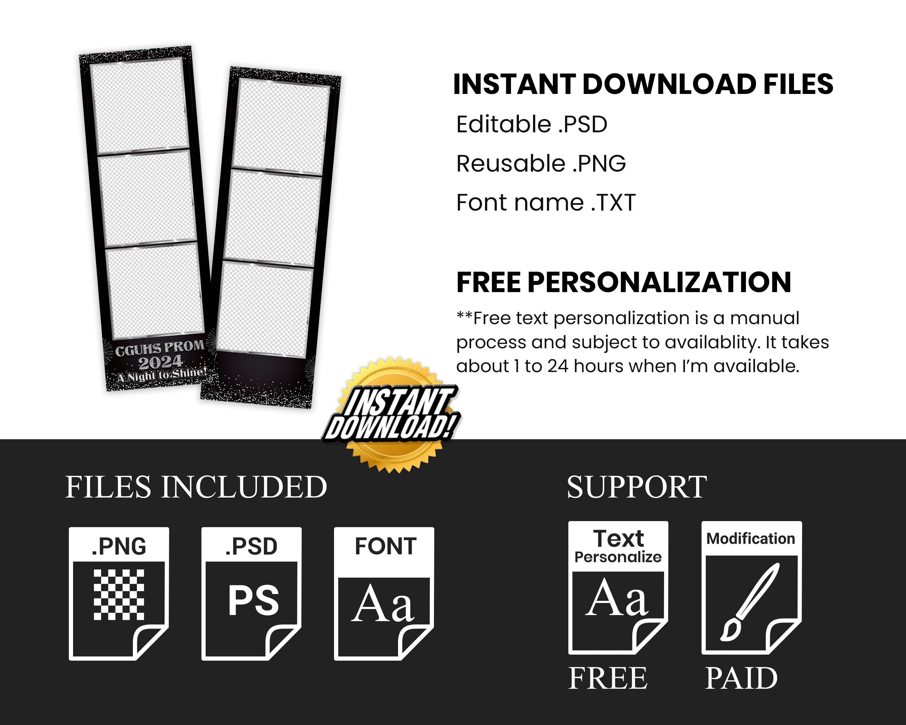 Graduation Prom Class of 2024 Photobooth template black silver strip 2x6 photo booth template