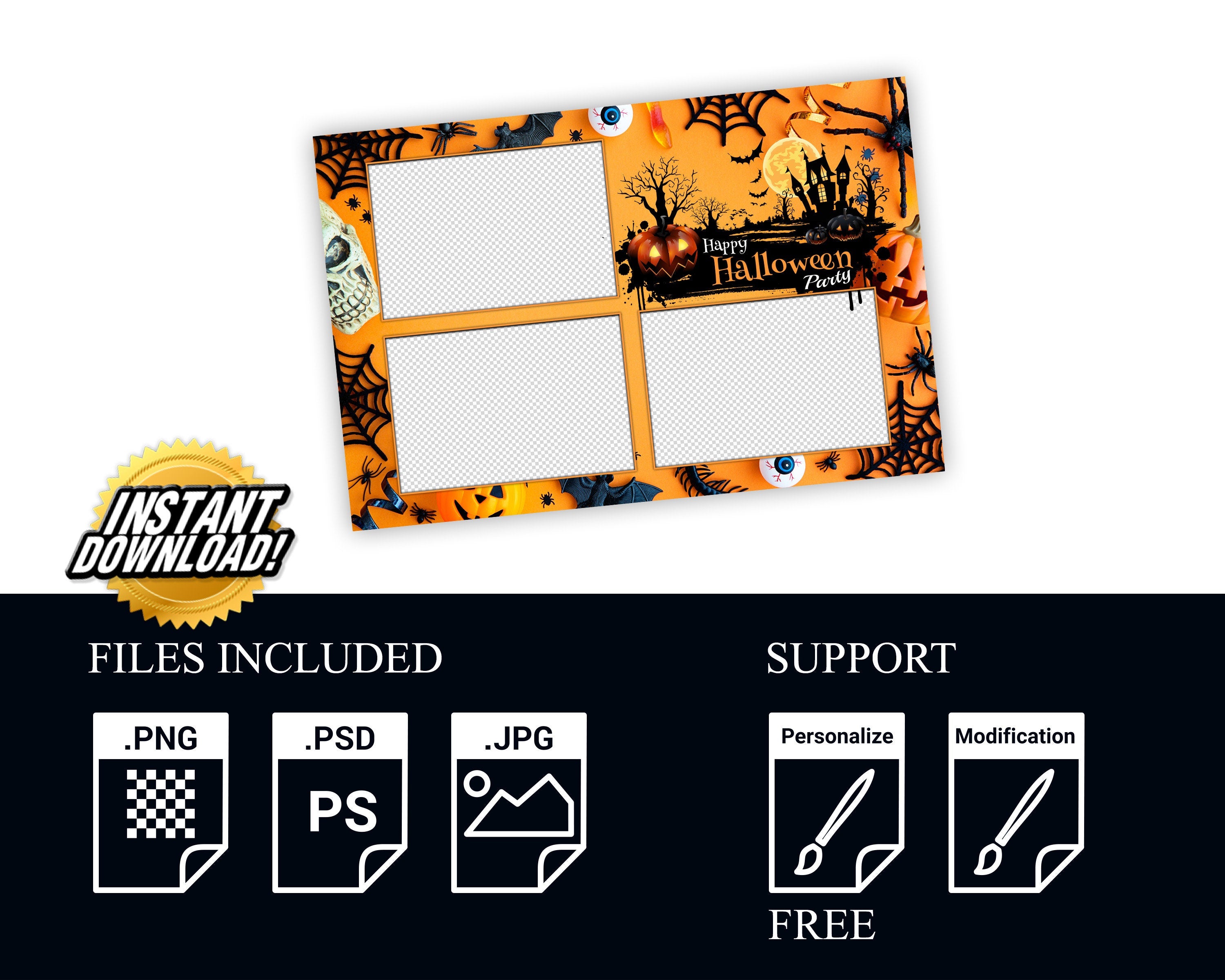 Halloween Photobooth Template 4x6 Trick or Treat Party 2024 Orange Yellow Black Photo booth Pumpkin Template postcard 3 shots PSD PNG Font