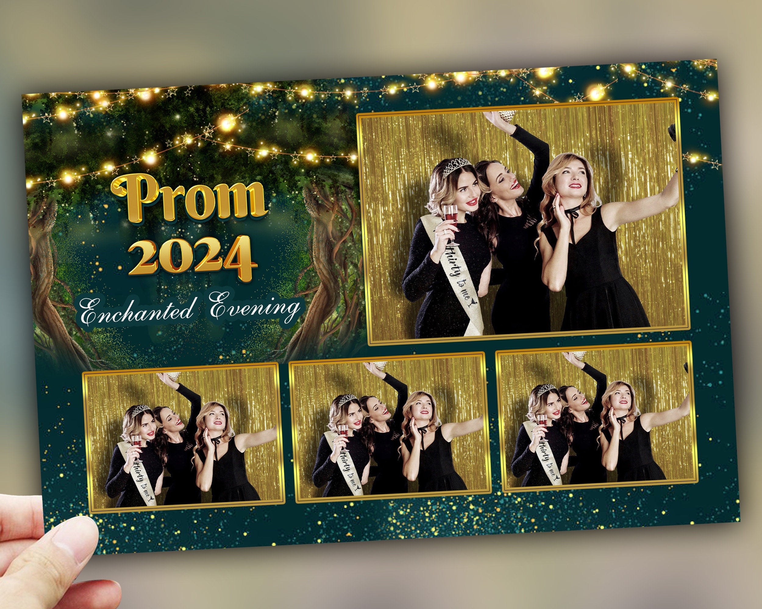 Enchanted Forest Prom 2024 Photobooth Template 4x6 Postcard 4 photo Class of 2024 Graduation Photo booth Template Green PSD PNG Editable