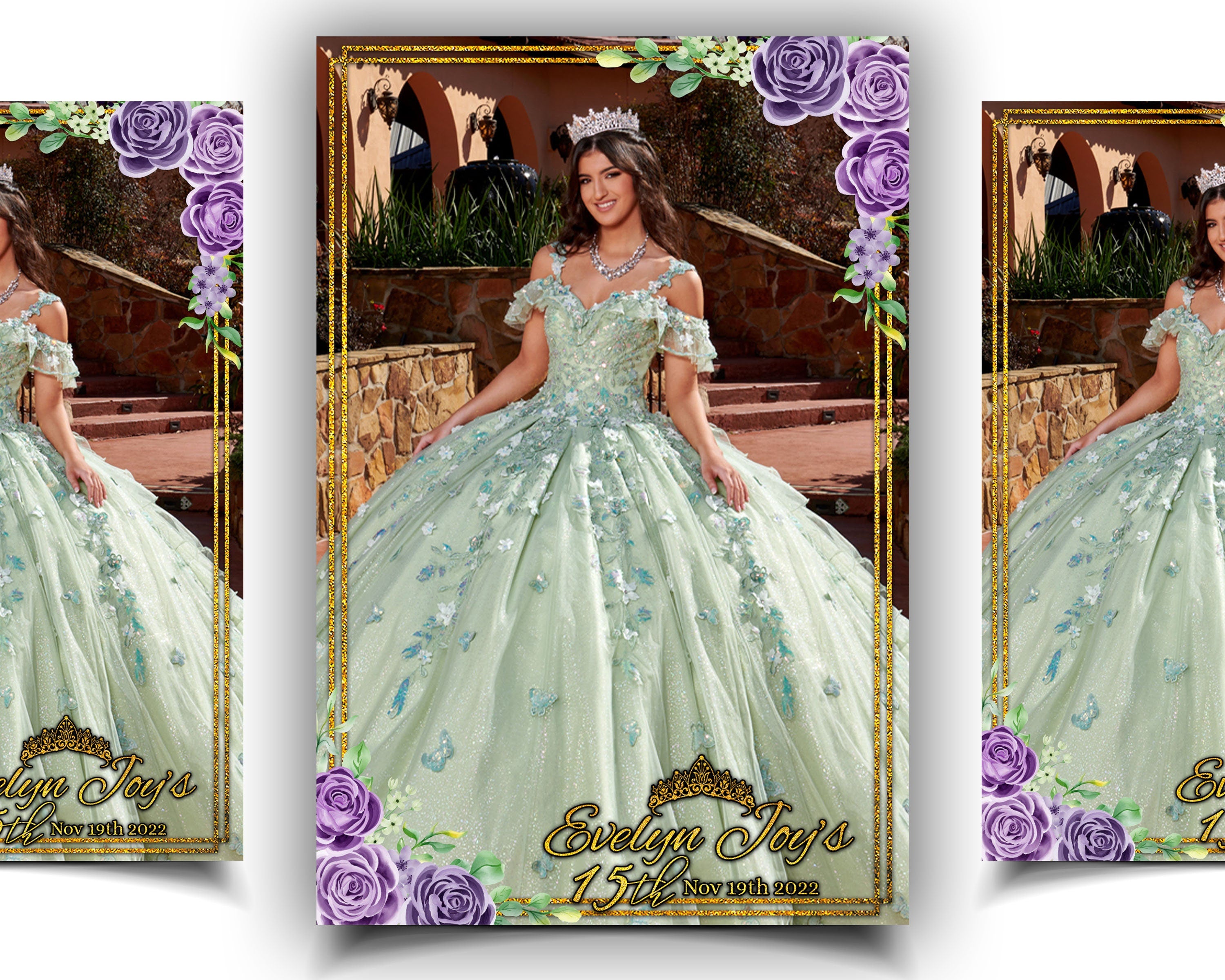 Birthday Sweet 16 Quinceañera Photobooth template Purple Floral Gold Purple Sweet 15 Quinceanera Quince Mirror Booth Mirrorbooth
