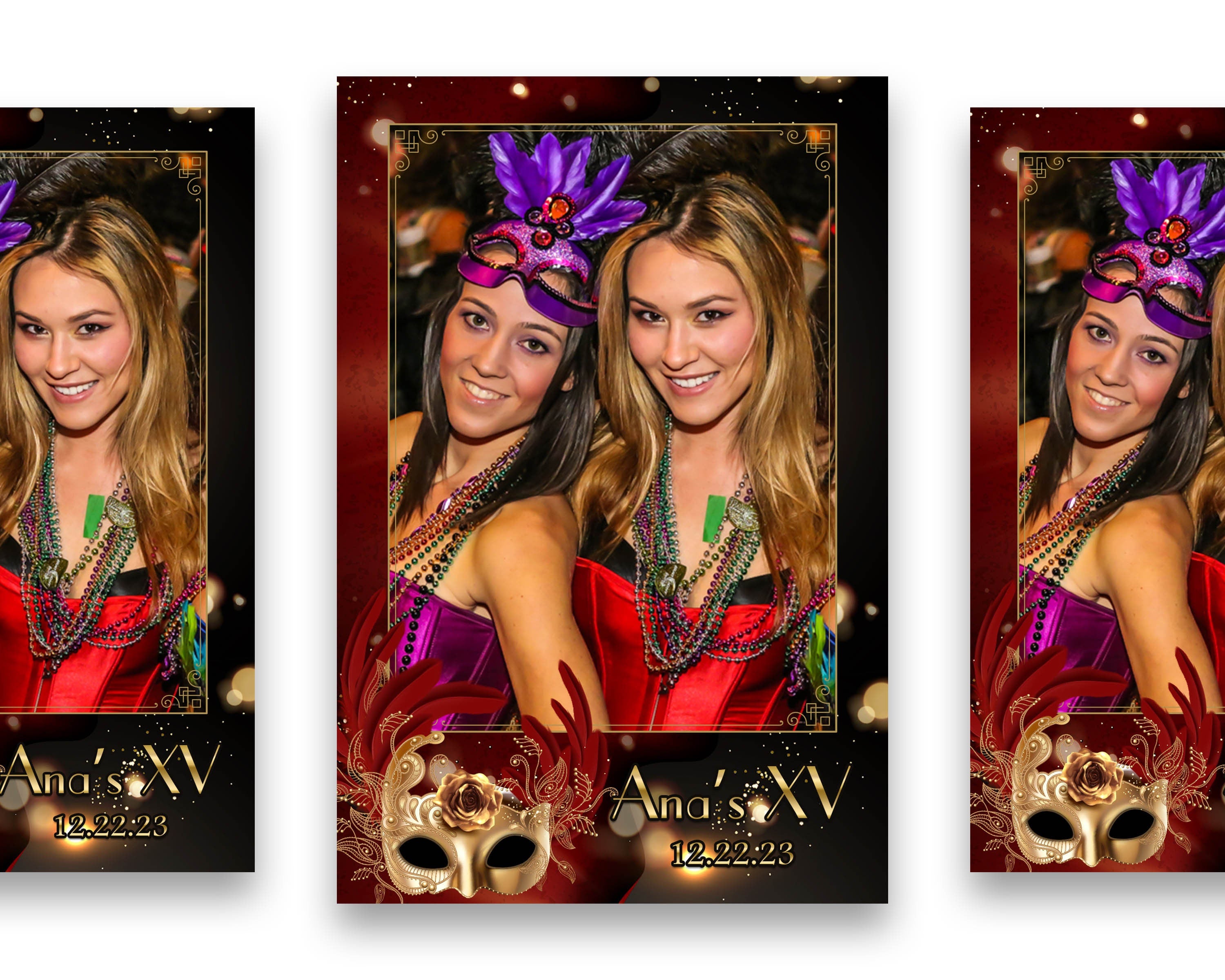 Mardi Gras Photobooth Template, Birthday XV Sweet 16 Quinceañera Photo Booth Template Golden Mask Photobooth Quinceanera, Festive, Carnival