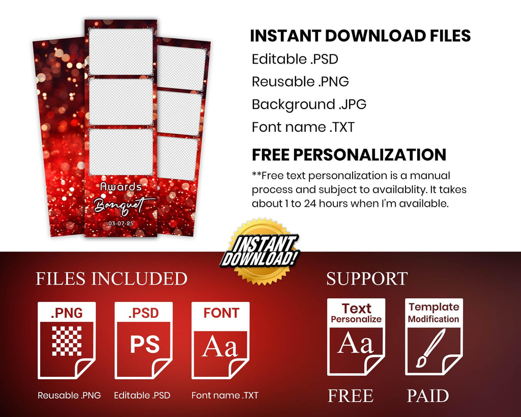 Red Photobooth Template for Wedding, Birthday Photobooth, Sweet 16, Anniversary Red 2x6 Photo Booth Overlay, Red Bokeh Bday Overlay, 725