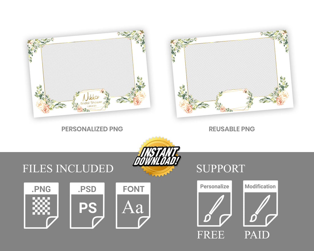Photo Booth Template Wedding Bridal Shower Greenery Sweet 16 Floral Anniversary 4x6 Photobooth Template