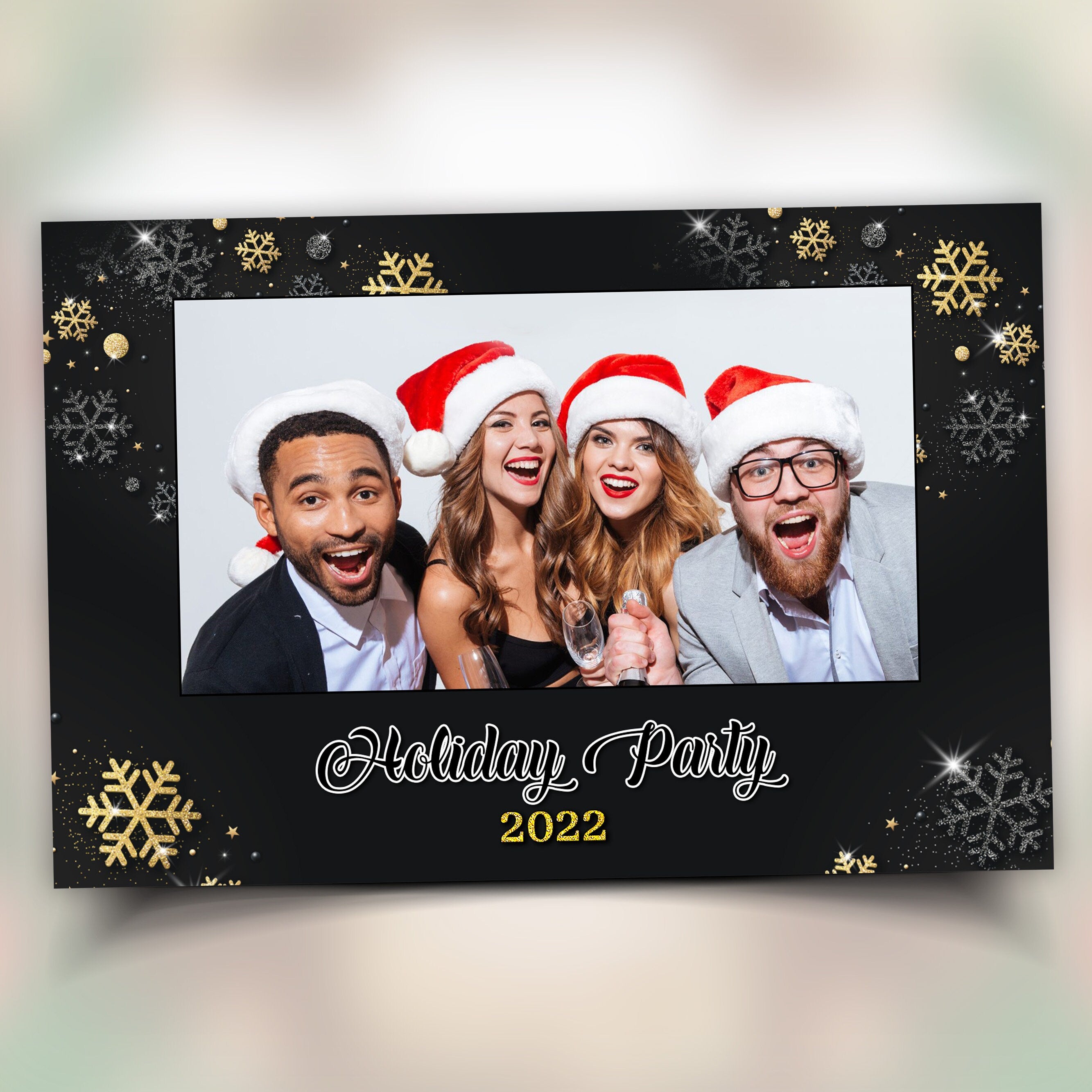 Gold Black Silver Christmas Photobooth Template 4x6 Single photo landscape Merry Christmas and New Year and Holiday photo booth Template