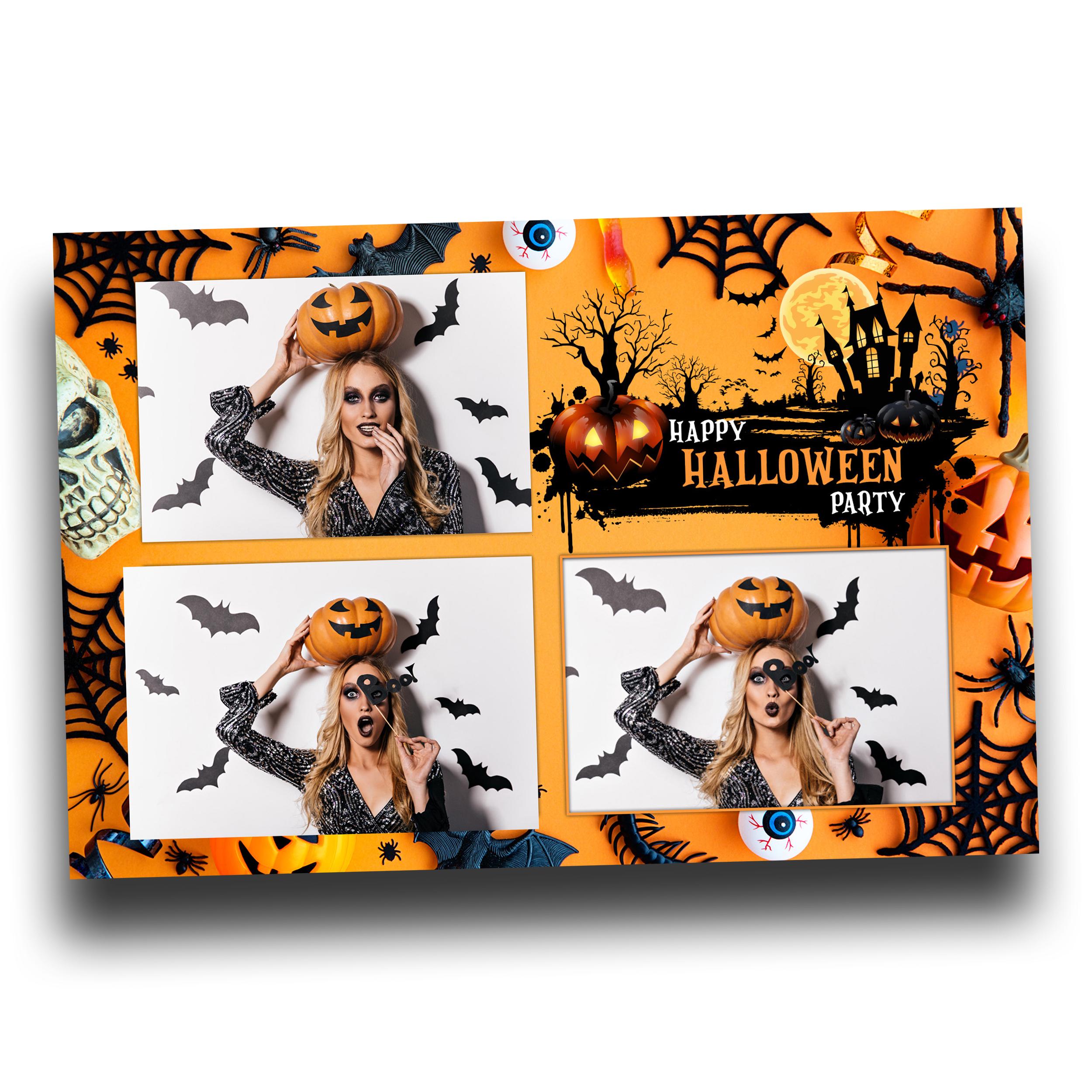 Halloween Photobooth Template 4x6 Landscape 3 photo Trick or Treat Party 2024 Orange Yellow Black Scary Pumpkin Photo Booth Template B29