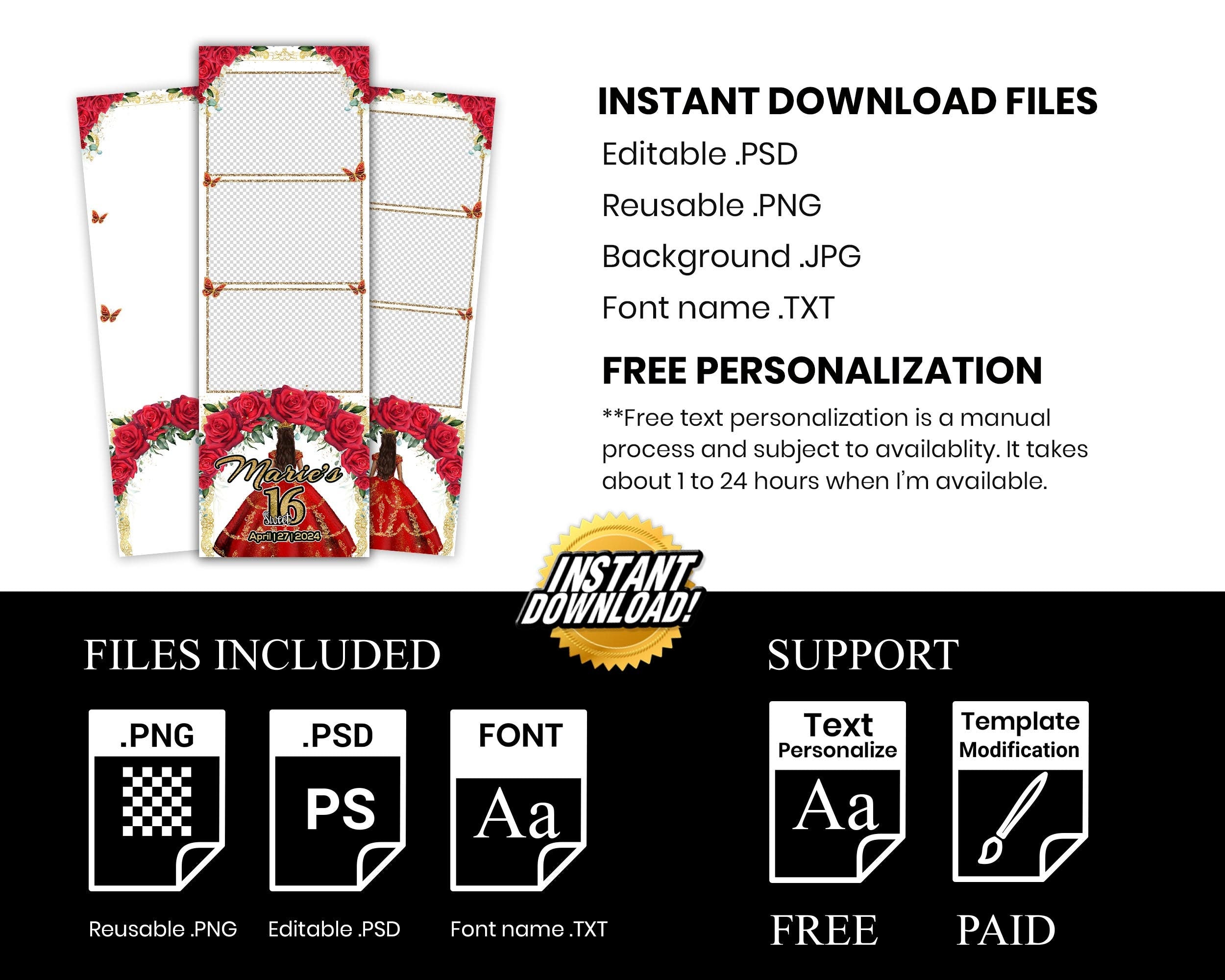 Sweet 16 Photobooth Template, Quinceanera Photo Booth, Birthday Photobooth, Quinceañera, 2x6 Strip, Red Flower, Red Floral, Butterfly 1107