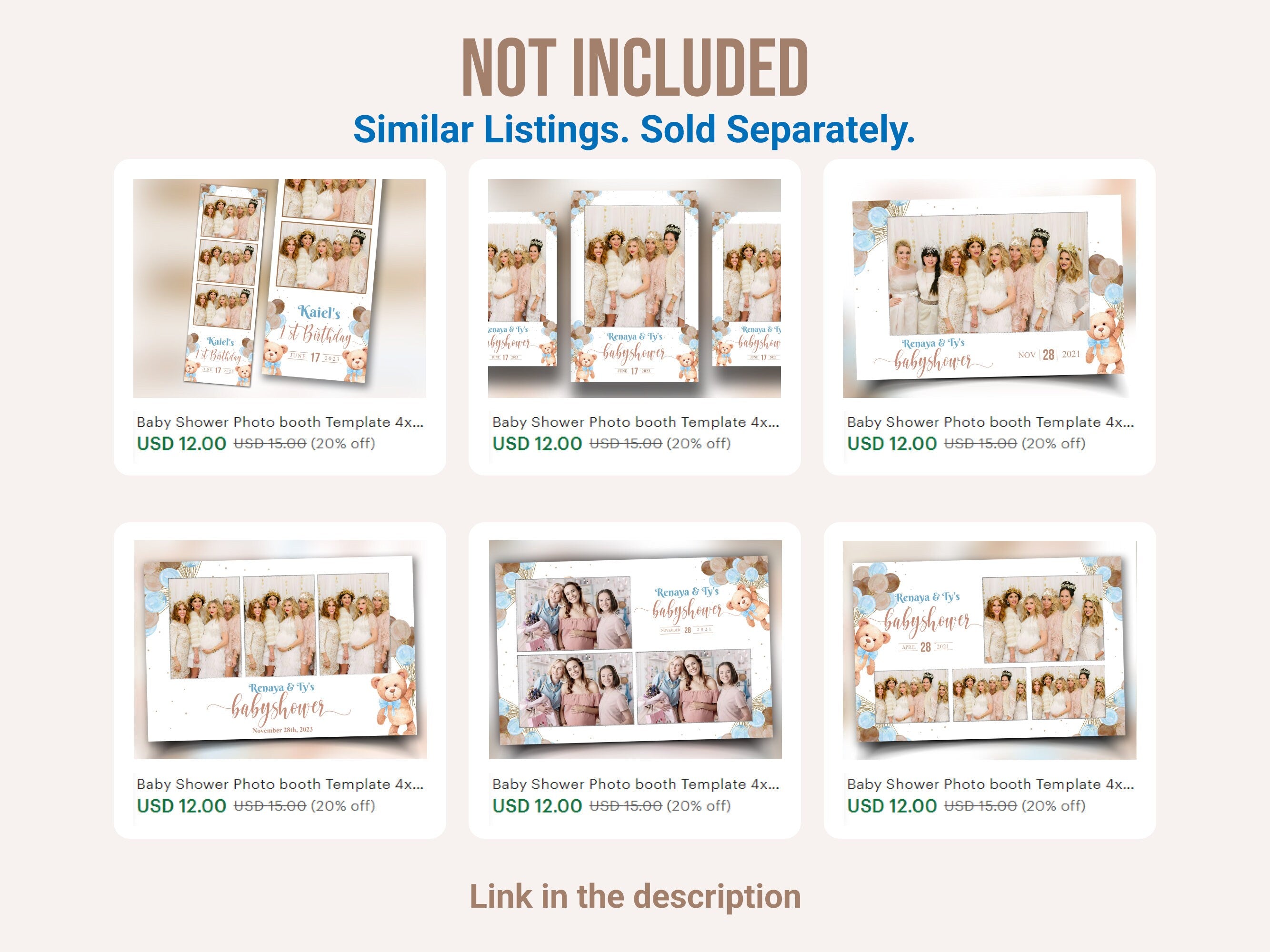 Baby Shower Photo booth Template 4x6 single photo Teddy Bear Babyshower boy sky blue brown tan balloon 1st birthday Photobooth Template BS1