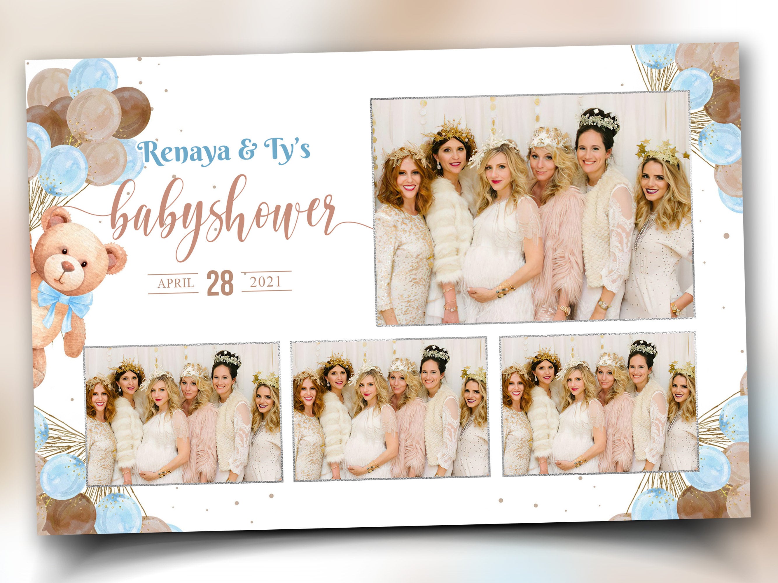Baby Shower Photo booth Template 4x6 Teddy Bear Babyshower it's a boy sky blue brown tan balloons 1st birthday Photobooth Template BS1 803