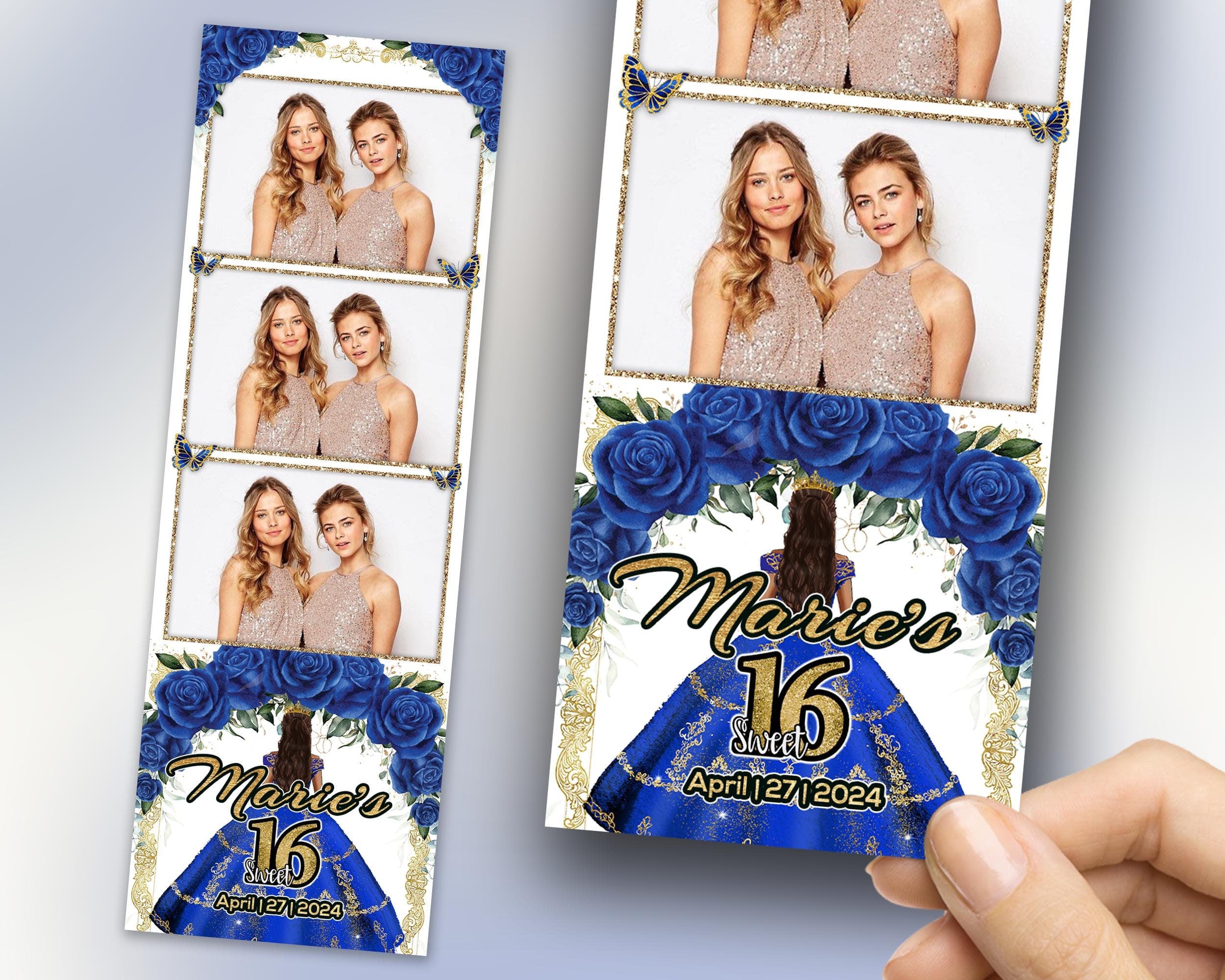 Sweet 16 Photobooth Template, Quinceanera Photo Booth, Birthday Photobooth, Quinceañera, 2x6 Strip, Blue Flower, Blue Floral, Butterfly 1108