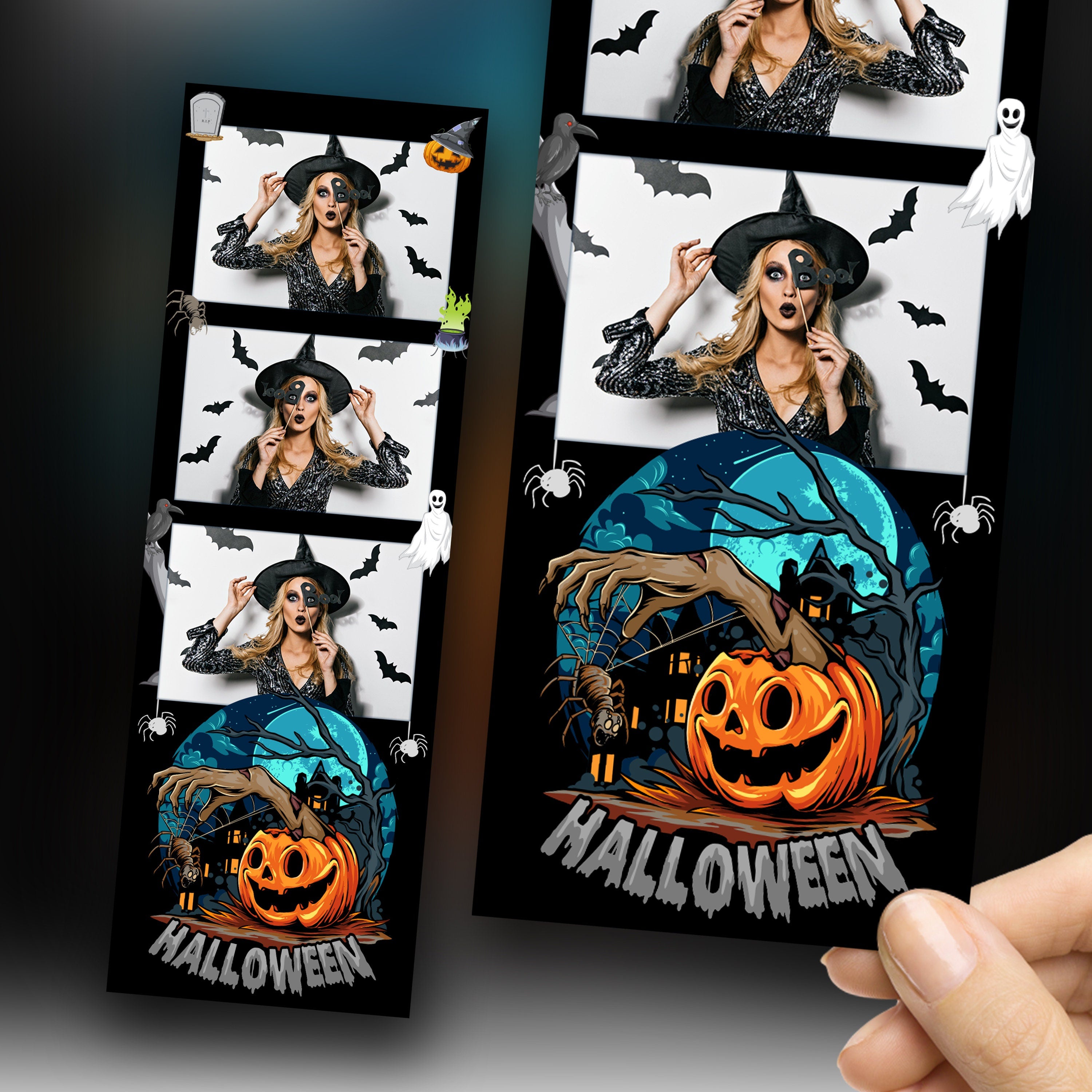 Halloween Party 2024 Photobooth Template 2x6 Trick or Treat Photo booth Pumpkin Template Strip 3 shots PSD PNG