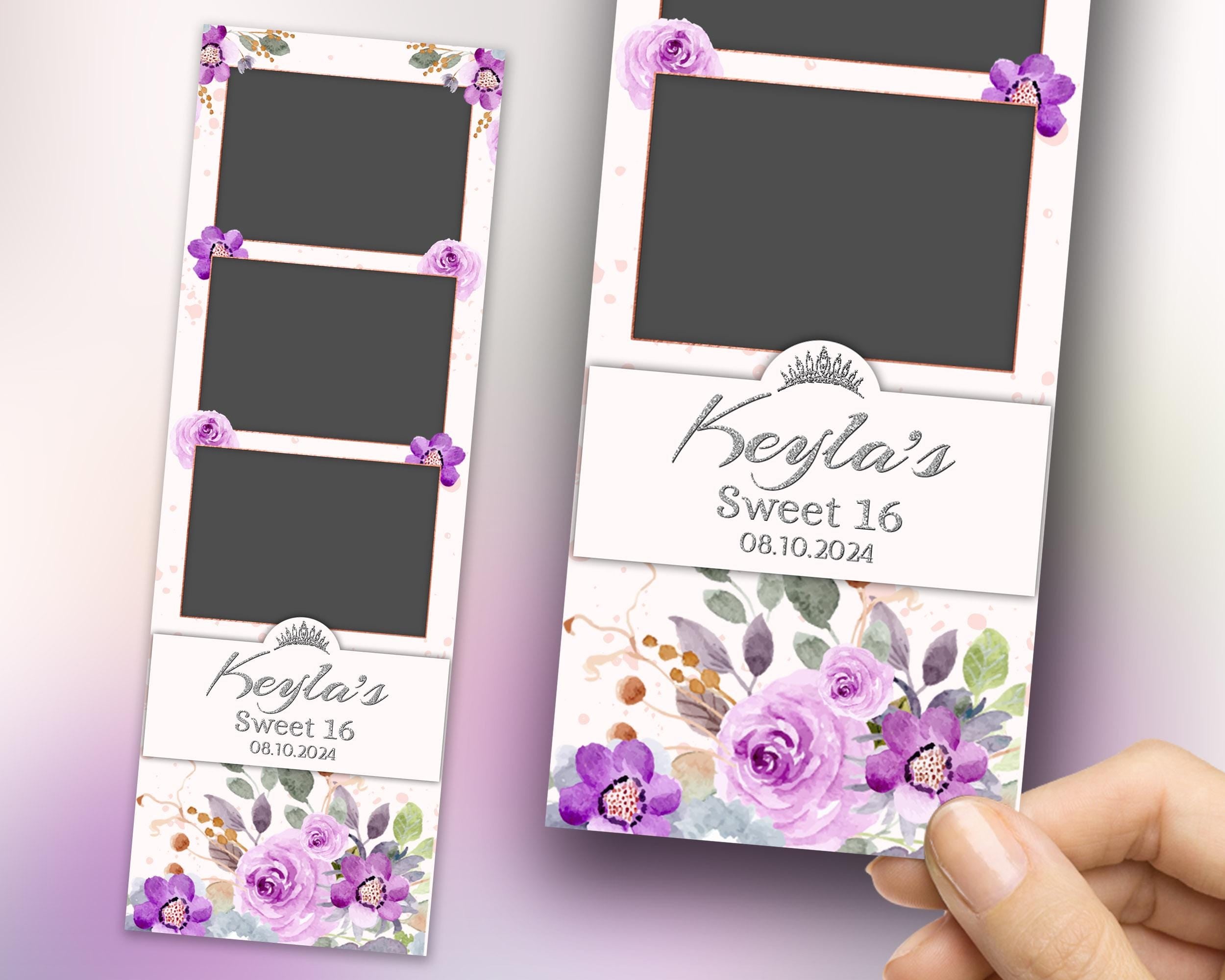 Quinceanera Sweet 16 Birthday Purple Floral Photo Booth Template Flower Greenery Gold Wedding Anniversary Bridal Shower Editable 266