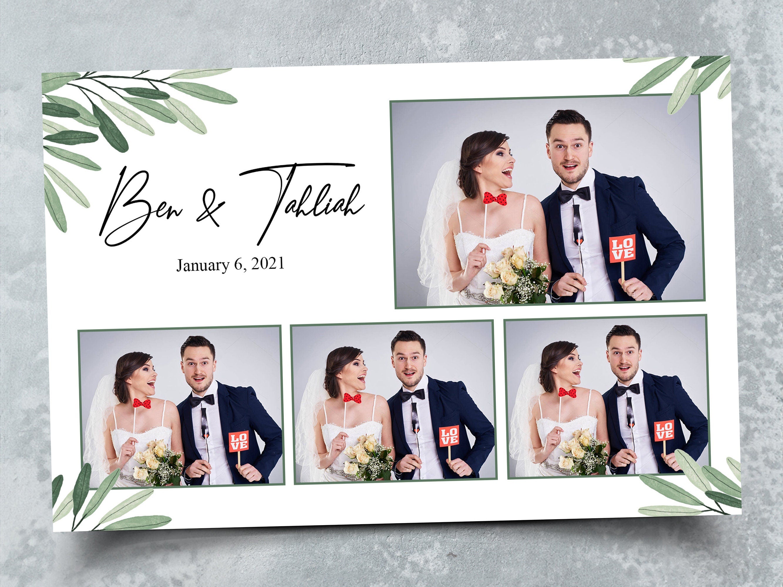 Wedding Photo Booth Template Anniversary Bridal Shower Floral Photo Booth Template 4x6 4 photo with Font Olive Leaf Greenery Leaves TB446