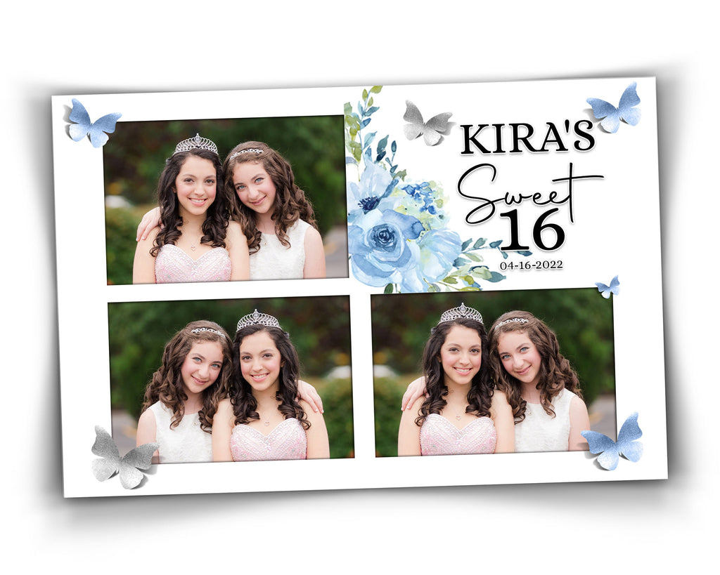 Birthday Sweet 16 Quinceañera Photobooth Template, Mis Quince, XV, Blue Floral Photo Booth Template