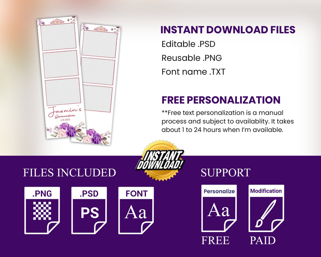 Birthday Purple Floral Quinceañera Photobooth template 2x6 strip sweet sixteen 16 birthday purple photo booth template