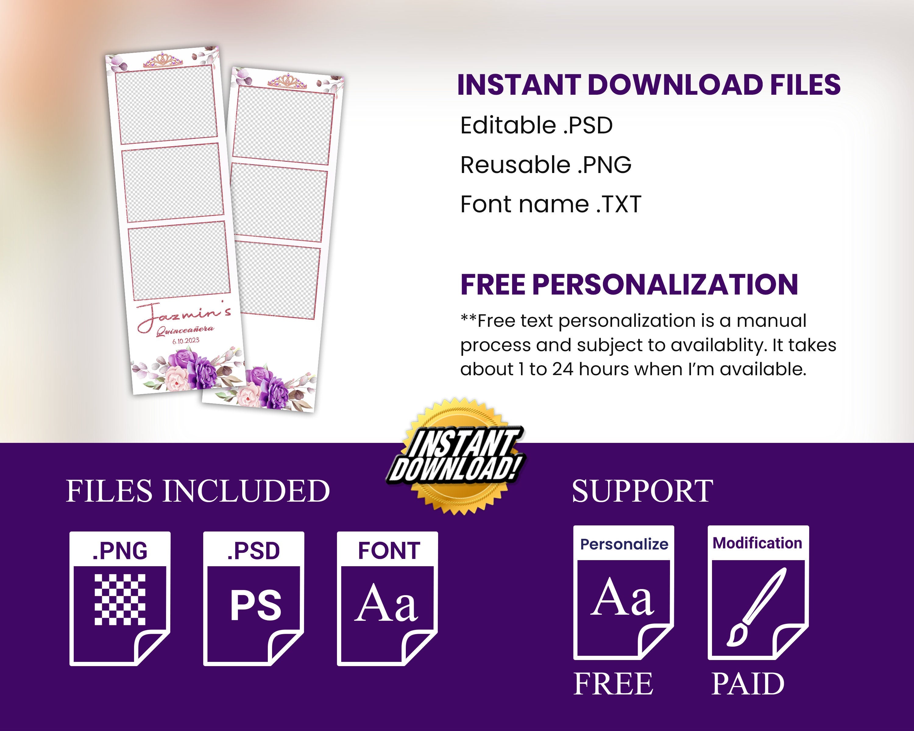Birthday Purple Floral Quinceañera Photobooth template 2x6 strip sweet sixteen 16 birthday purple photo booth template