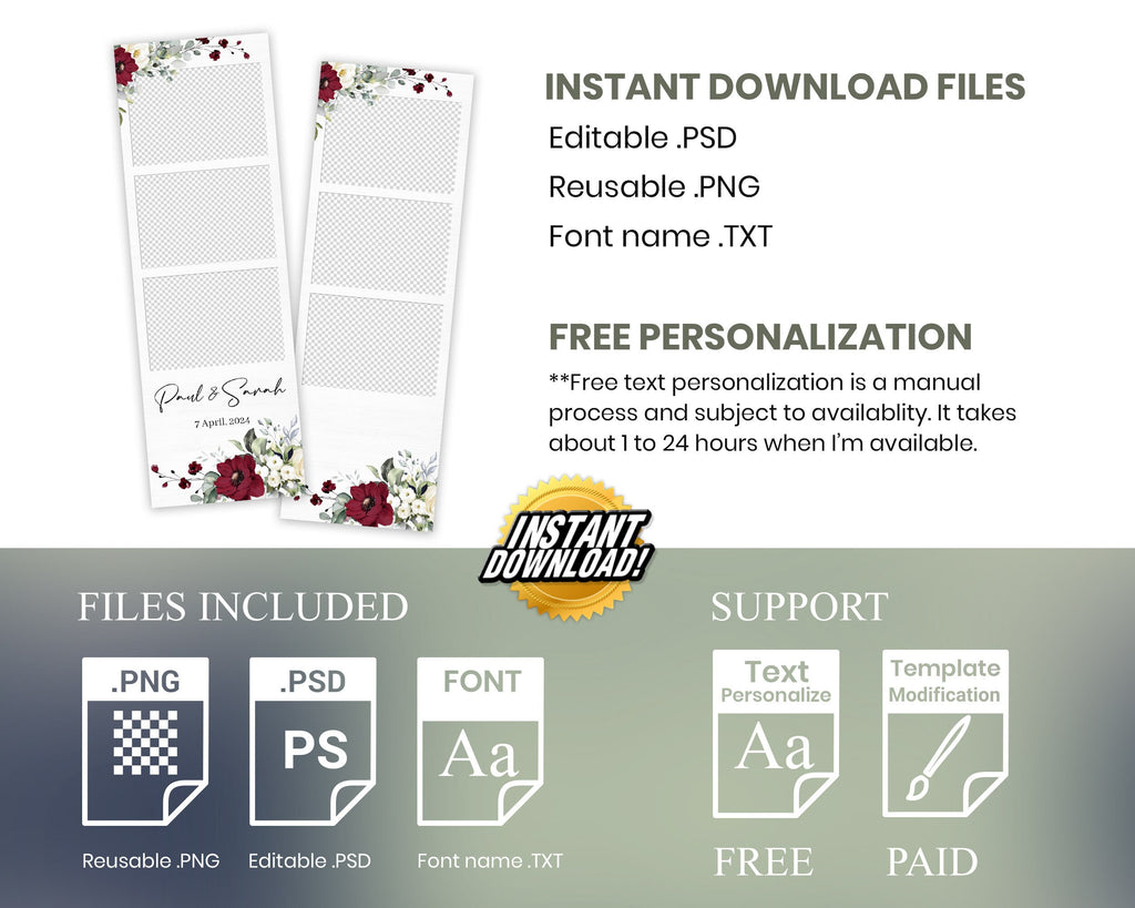 Wedding photobooth template, Anniversary photo booth, Bridal shower, 2x6 strip, Burgundy floral, Burgundy flowers, Rose, Greenery 1059