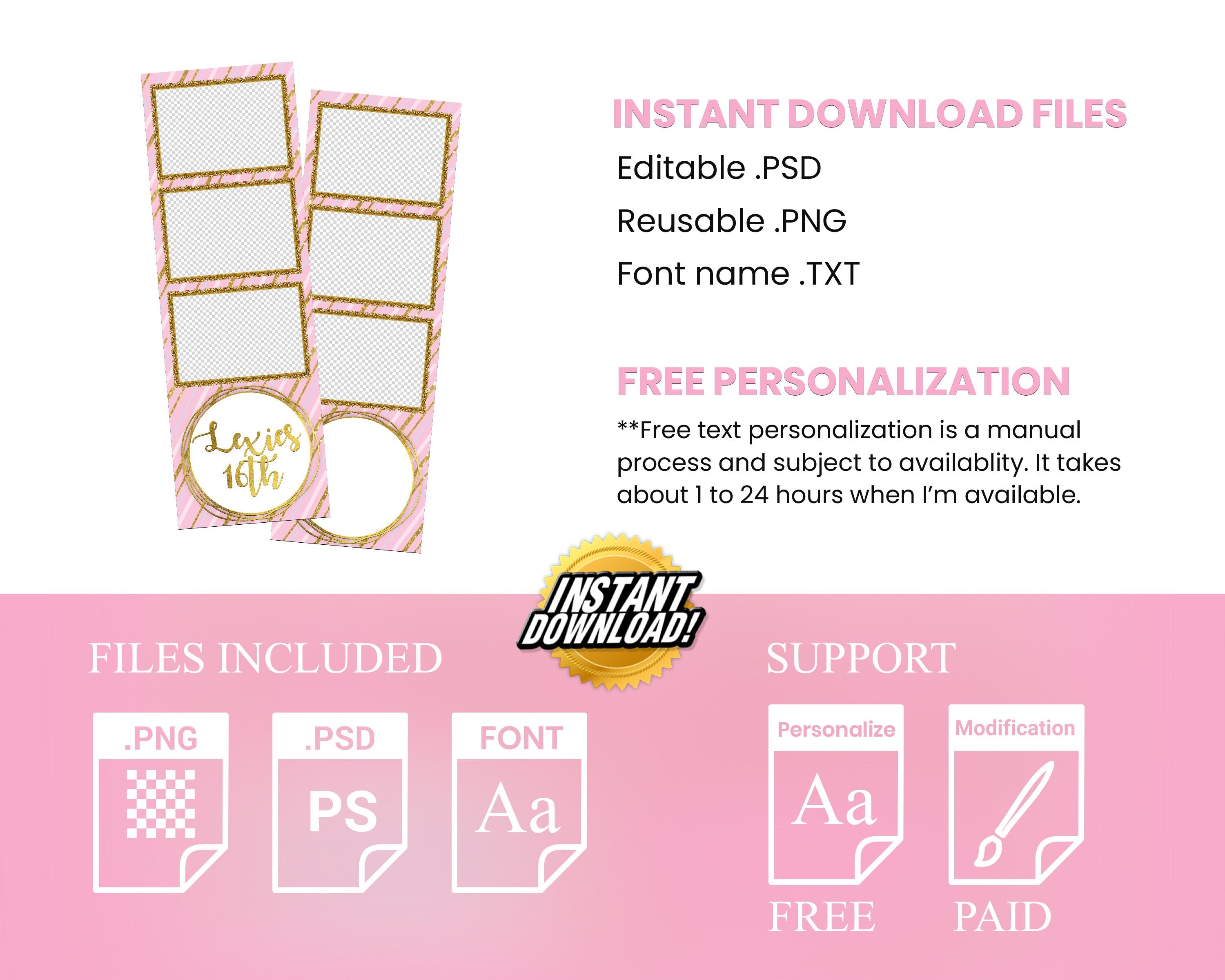 Photo Booth Template Birthday Photobooth Template Bday Sweet 16 Pink Gold Photo Booth Template 2x6