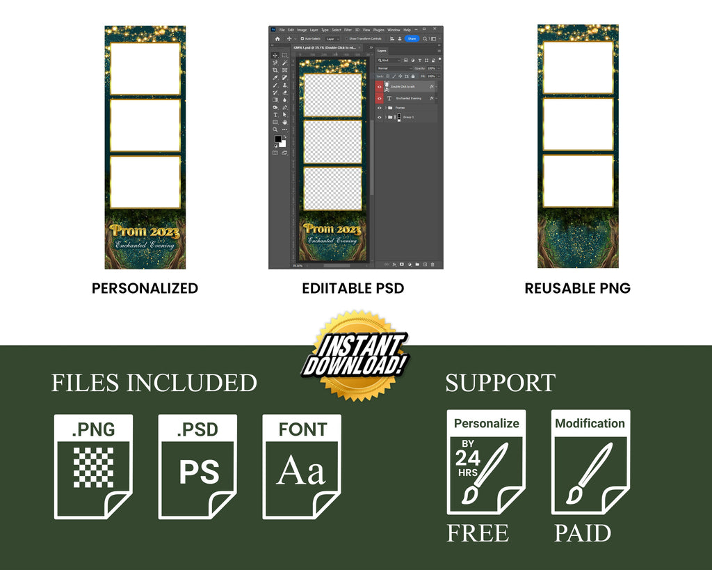 Enchanted Forest Prom 2024 Photobooth Template 2x6 stripe 3 photo Class of 2024 Graduation Photo booth Template Green PSD PNG Editable