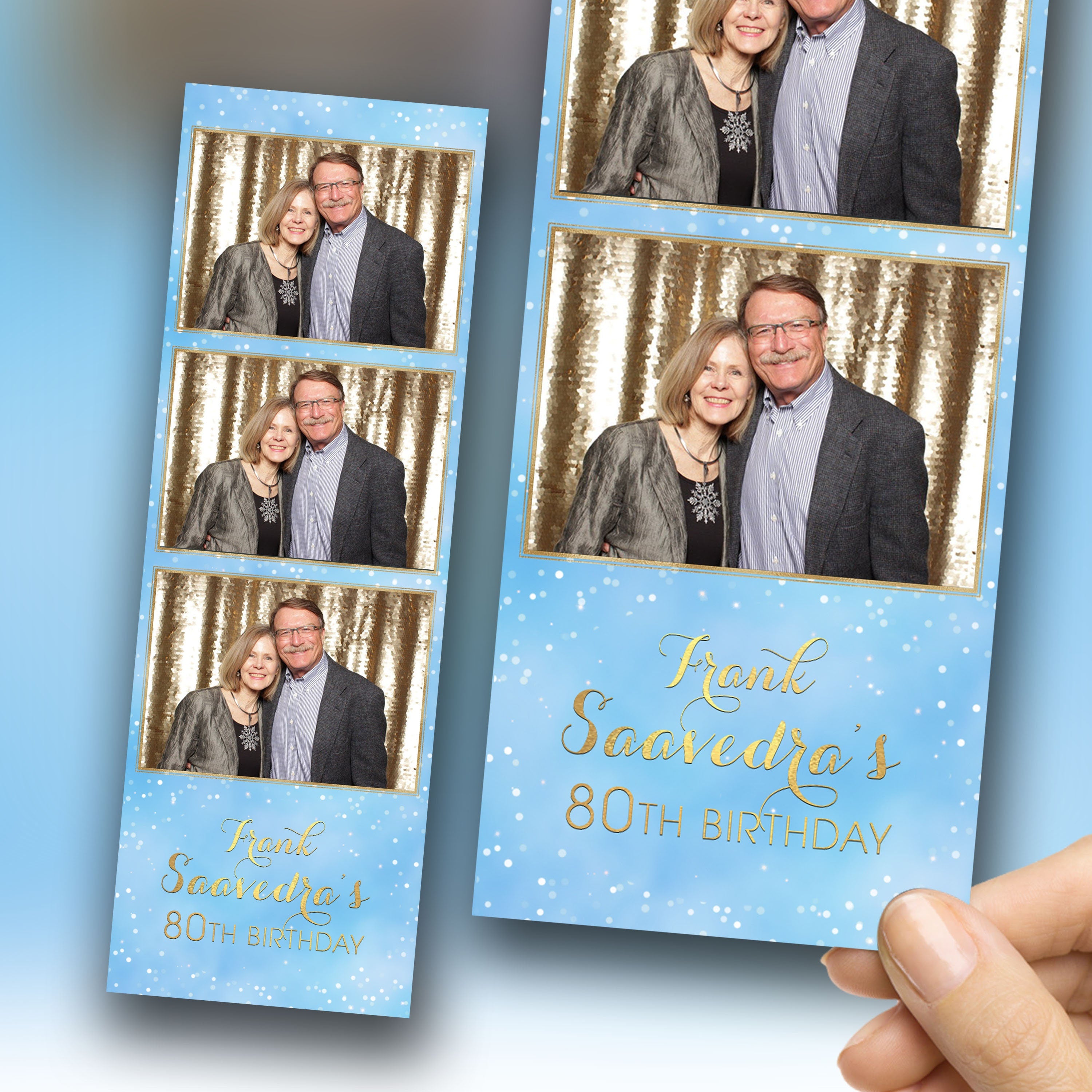 Birthday Sweet 16 Light Blue Color Gold Anniversary Photo Booth Template 2x6 Strip Photobooth