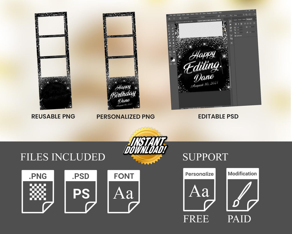 Birthday Photo Booth Template 2x6 Strip Black Silver Glitter and sparkles Elegant Photobooth Template 3 photo and 4x6 dual strip setup BM15