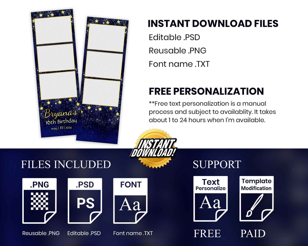 Birthday Photobooth Template, Sweet 16 Photo Booth Template, Blue Gold, Quinceanera Photobooth 1071