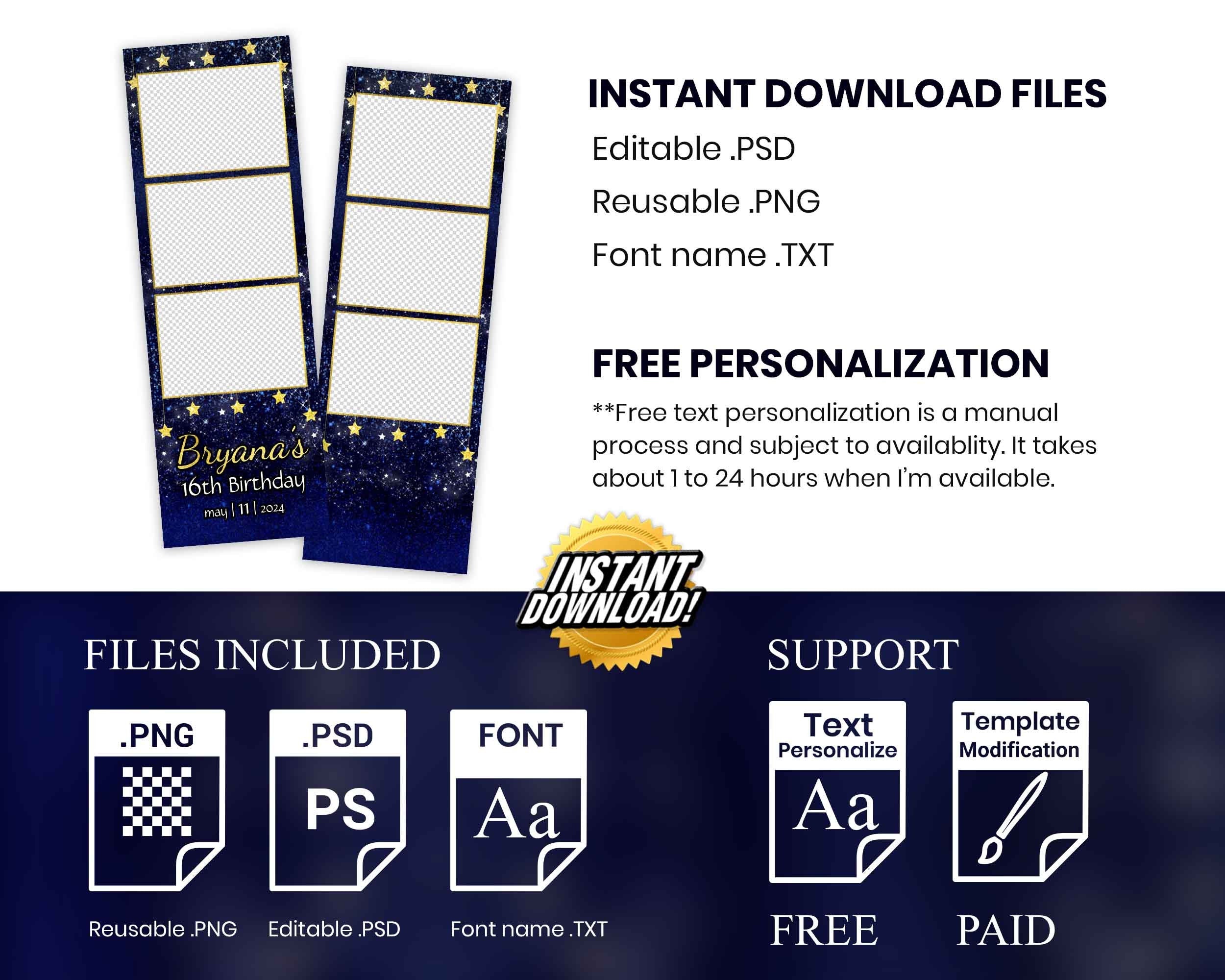 Birthday Photobooth Template, Sweet 16 Photo Booth Template, Blue Gold, Quinceanera Photobooth 1071