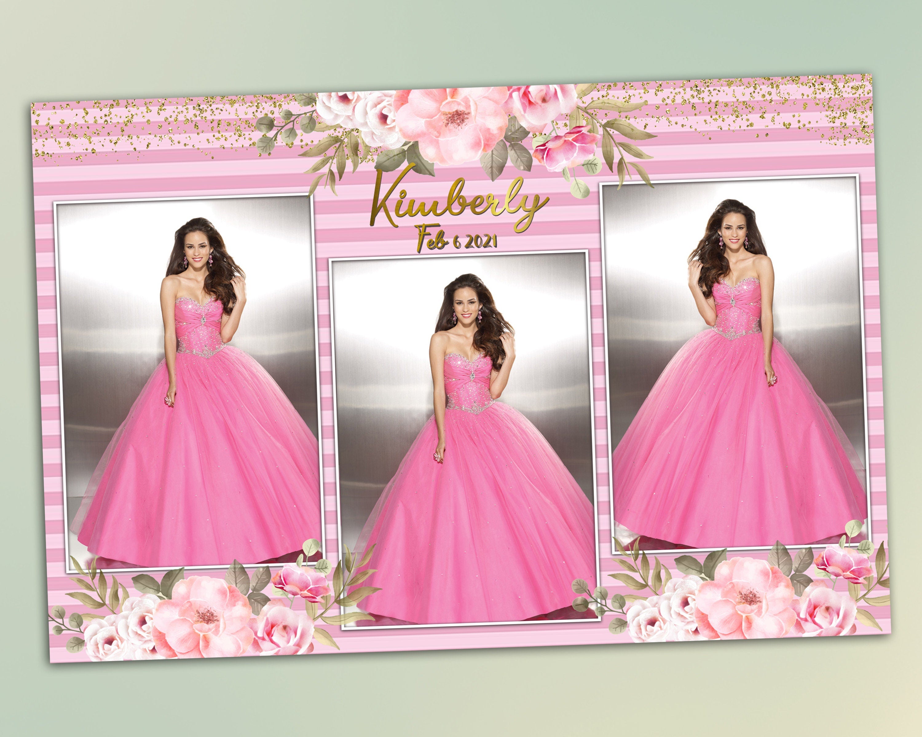 Quinceanera Photo Booth Wedding Photobooth template 4x6 with Floral blush flowers and greenery postcard photo booth template