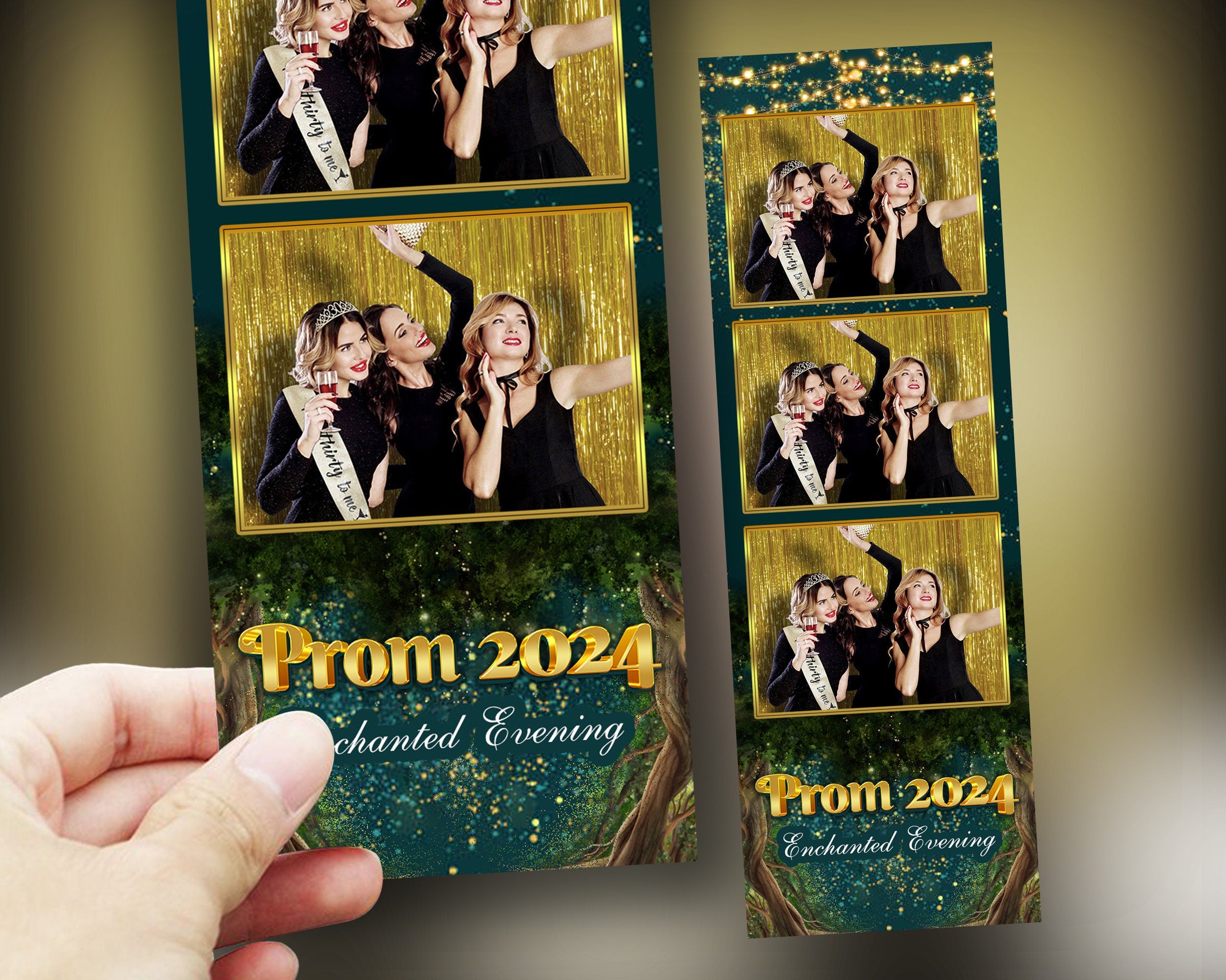 Enchanted Forest Prom 2024 Photobooth Template 2x6 stripe 3 photo Class of 2024 Graduation Photo booth Template Green PSD PNG Editable
