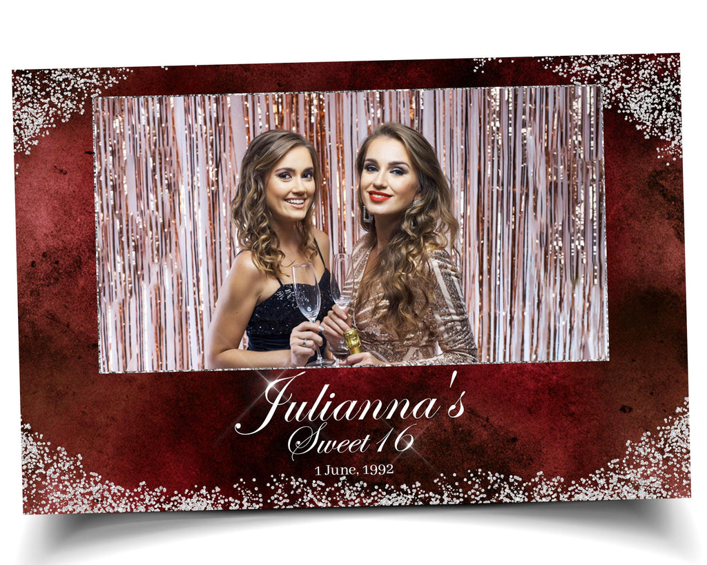 Birthday Photobooth Template Sweet 16 Quinceañera 4x6 landscape maroon burgundy color with silver glitter accent and crown mis quince S2