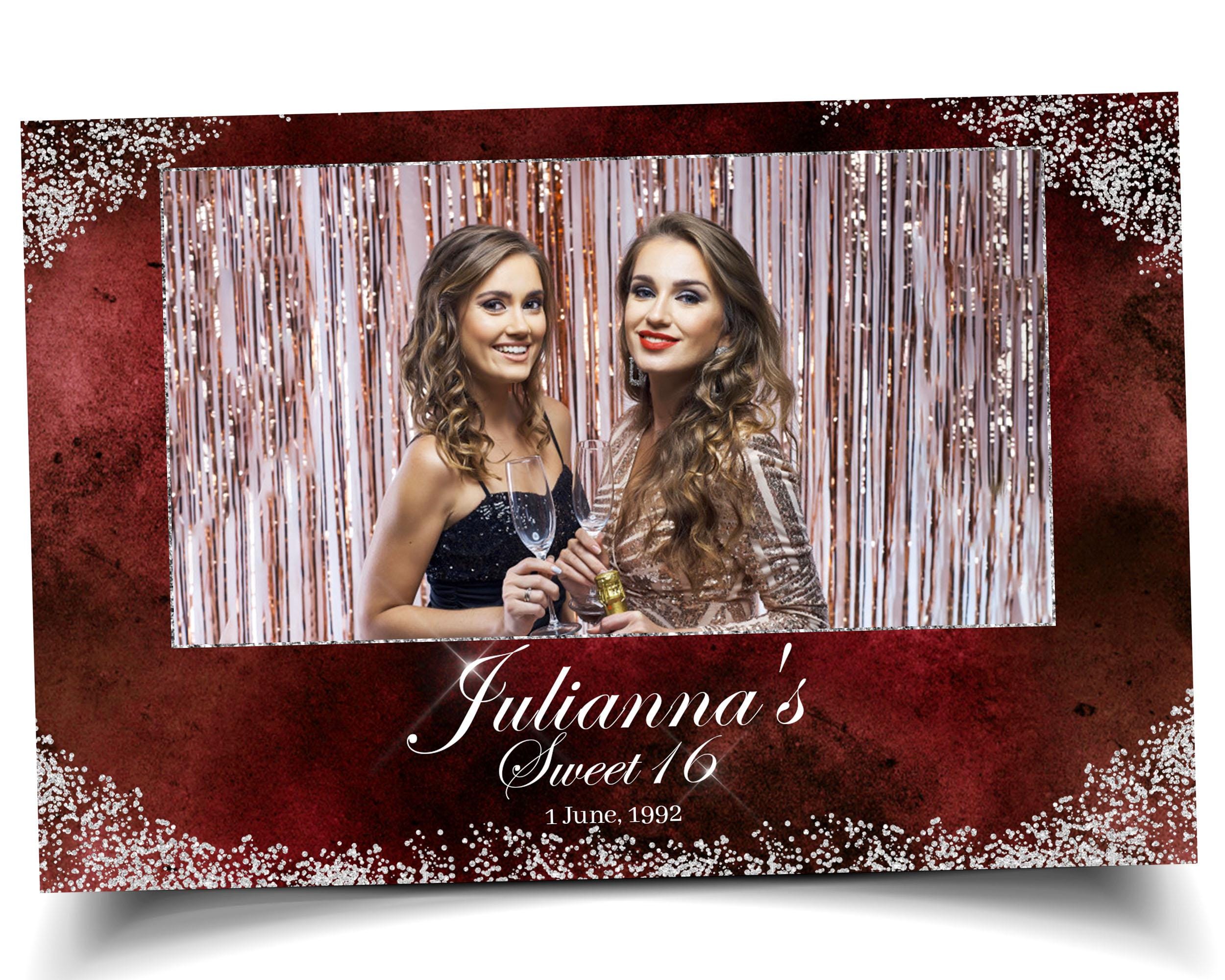 Birthday Photobooth Template Sweet 16 Quinceañera 4x6 landscape maroon burgundy color with silver glitter accent and crown mis quince S2