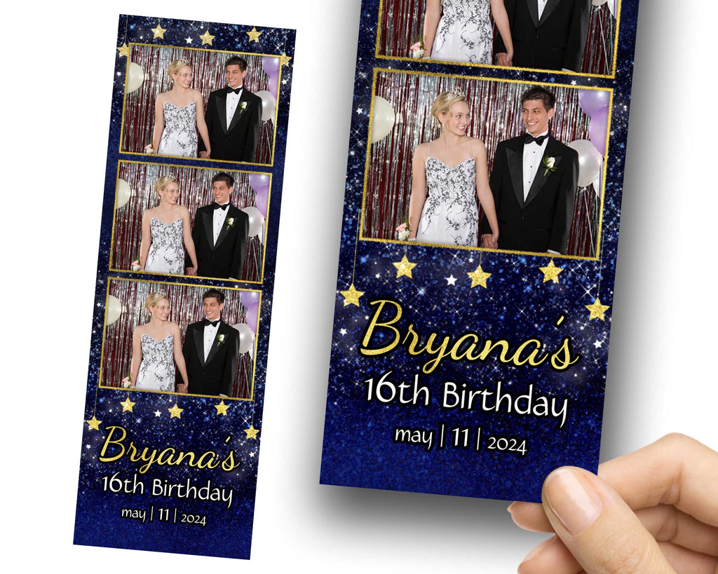 Birthday Photobooth Template, Sweet 16 Photo Booth Template, Blue Gold, Quinceanera Photobooth 1071