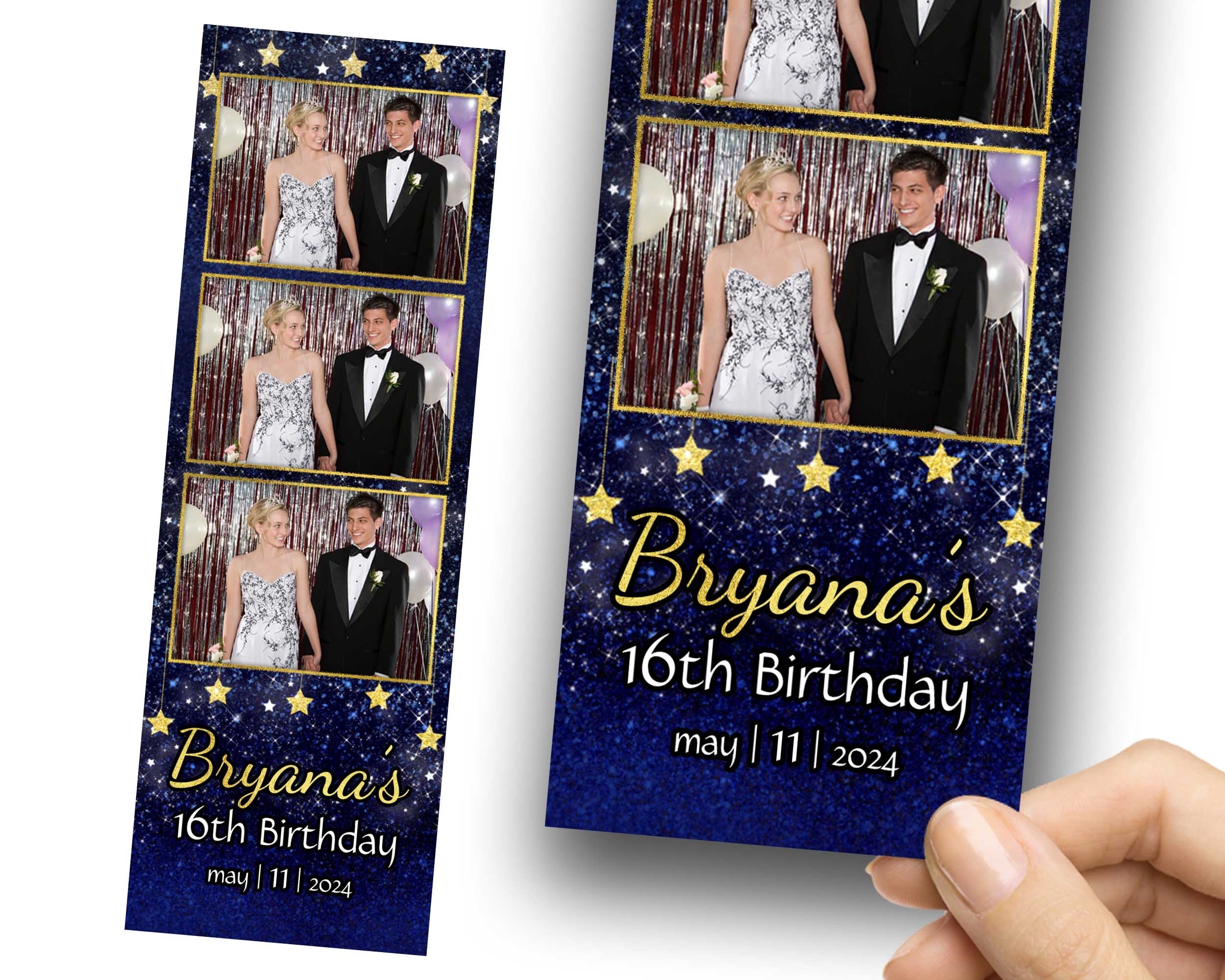 Birthday Photobooth Template, Sweet 16 Photo Booth Template, Blue Gold, Quinceanera Photobooth 1071