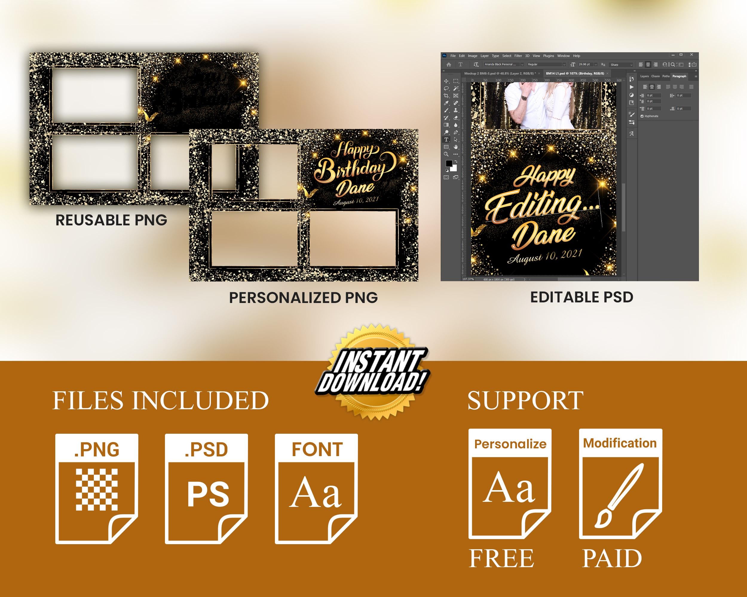 Birthday Photobooth Template 4x6 Black Gold Glitter Sparkles gold dust bday photo booth template 3 photo editable Layout 7 BM14