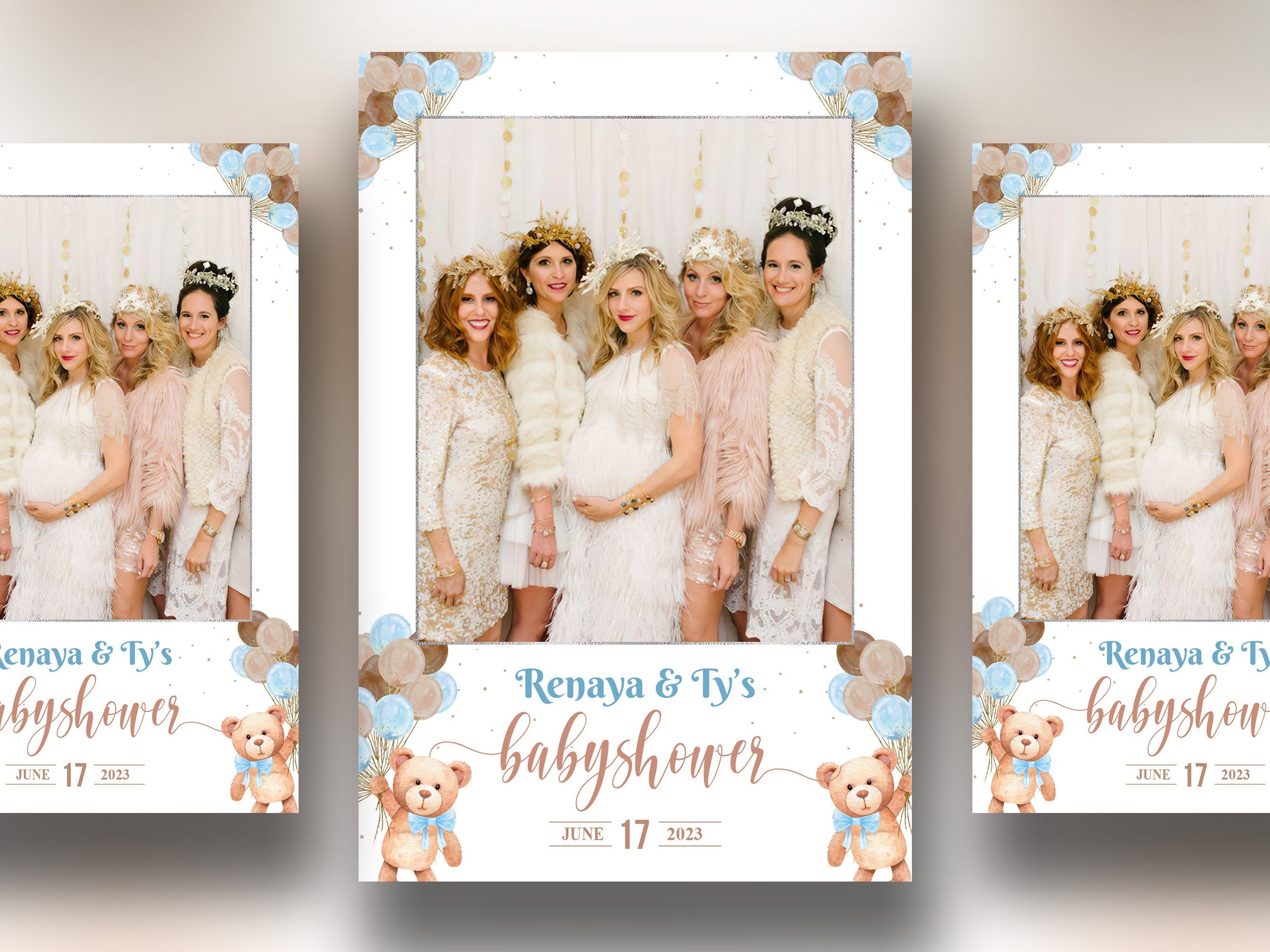 Baby Shower Photo booth Template 4x6 Teddy Bear Babyshower it's a boy sky blue brown tan balloons 1st birthday Photobooth Template BS1 803