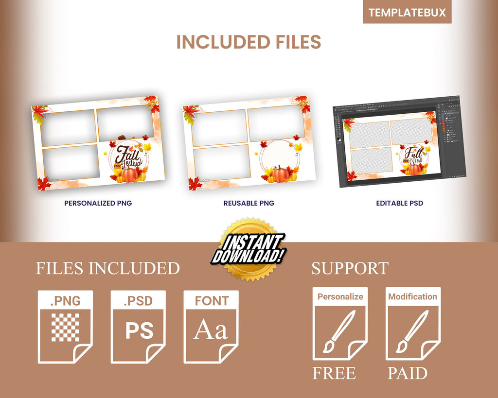 Fall Festival & Thanksgiving photobooth template 4x6 orange pumpkin theme 3 photo postcard layout for DSLR booth darkroom booth F7