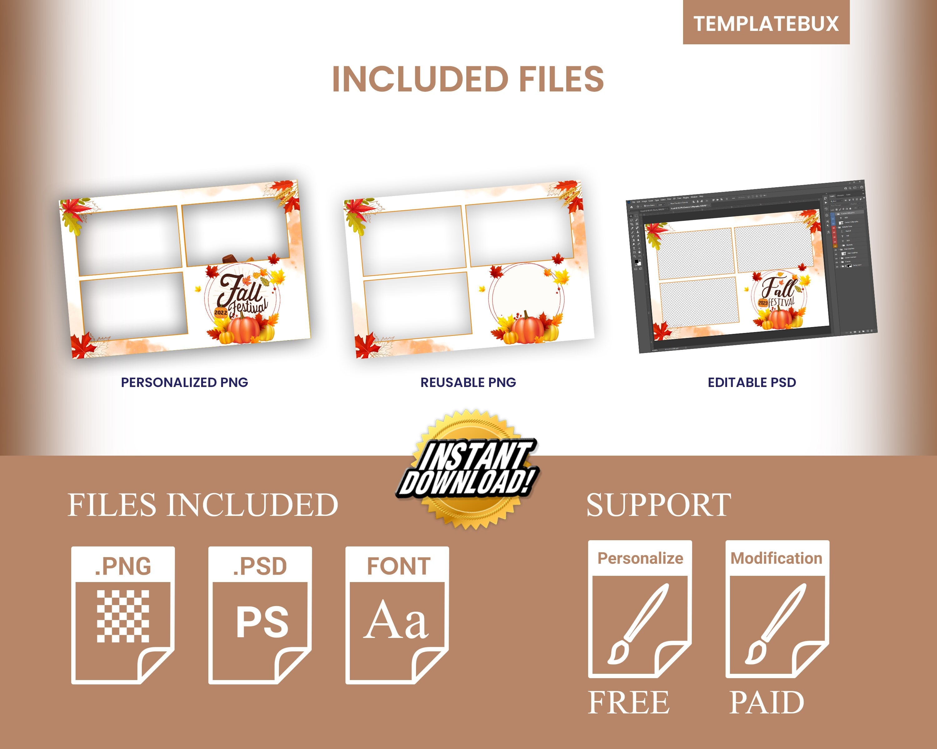 Fall Festival & Thanksgiving photobooth template 4x6 orange pumpkin theme 3 photo postcard layout for DSLR booth darkroom booth F7