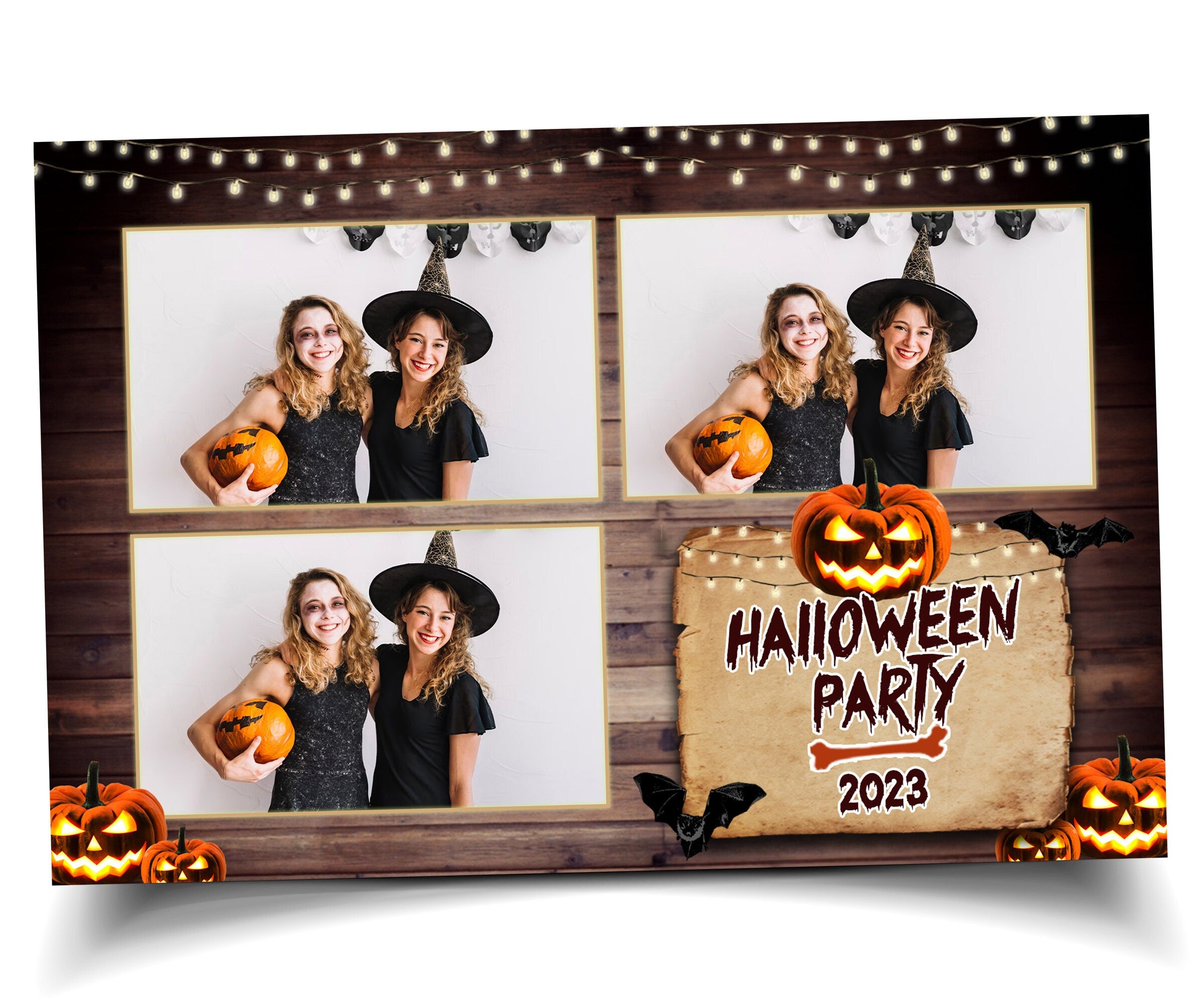 Halloween Photobooth Template 4x6 Trick or Treat Party 2024 wood & pumpkin theme night light bulb Photo booth Template postcard layout 3 pic