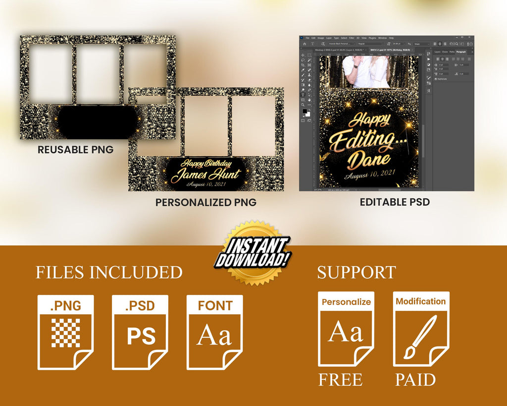 Birthday Photobooth Template Black Gold Glitter Sparkles gold dust bday mirror booth portrait template 4x6 Landscape Layout 6 BM14