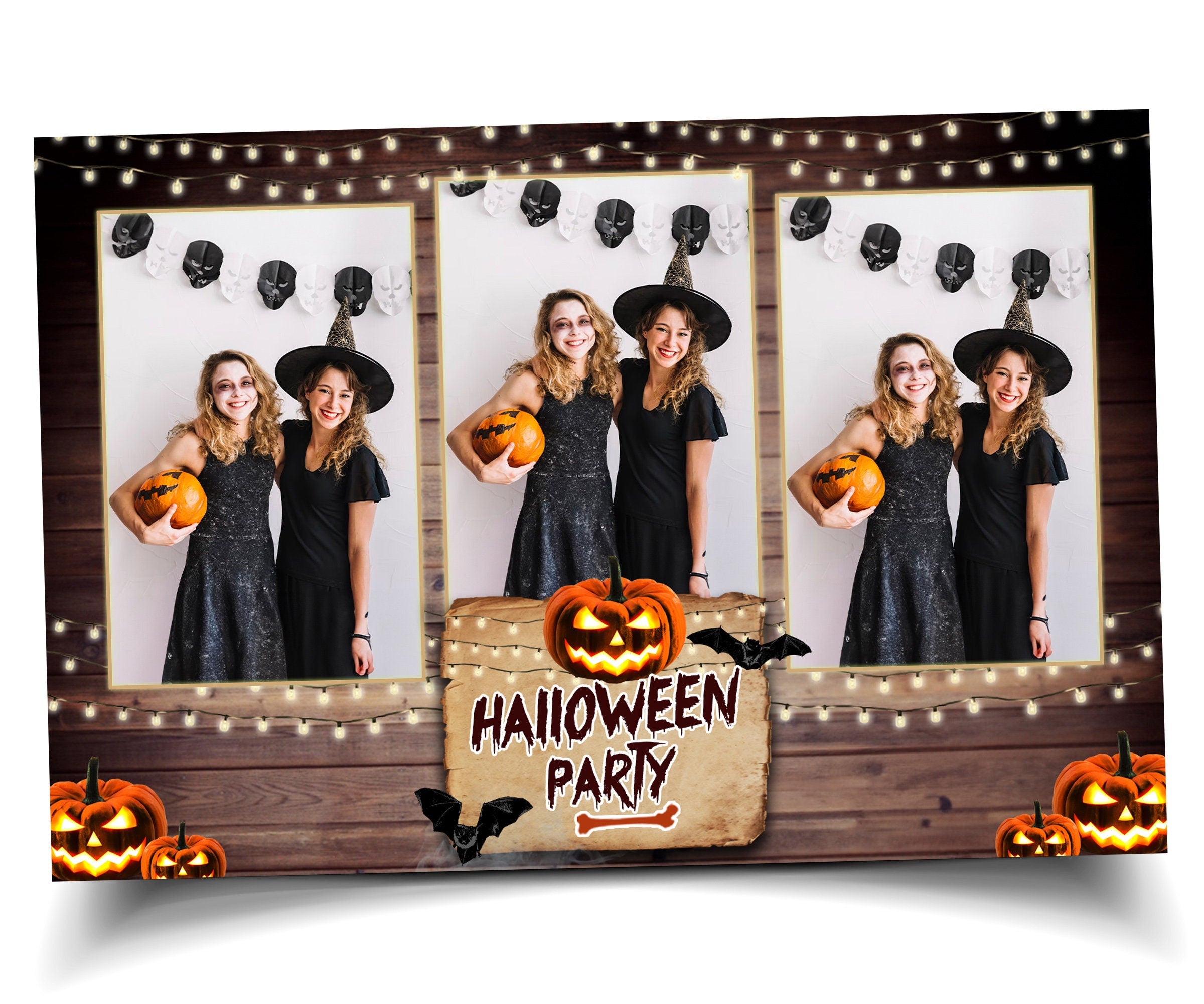 Halloween Photobooth Template 4x6 Trick or Treat Party 2024 wood & pumpkin theme light photo booth mirror booth Template portrait 3 shots