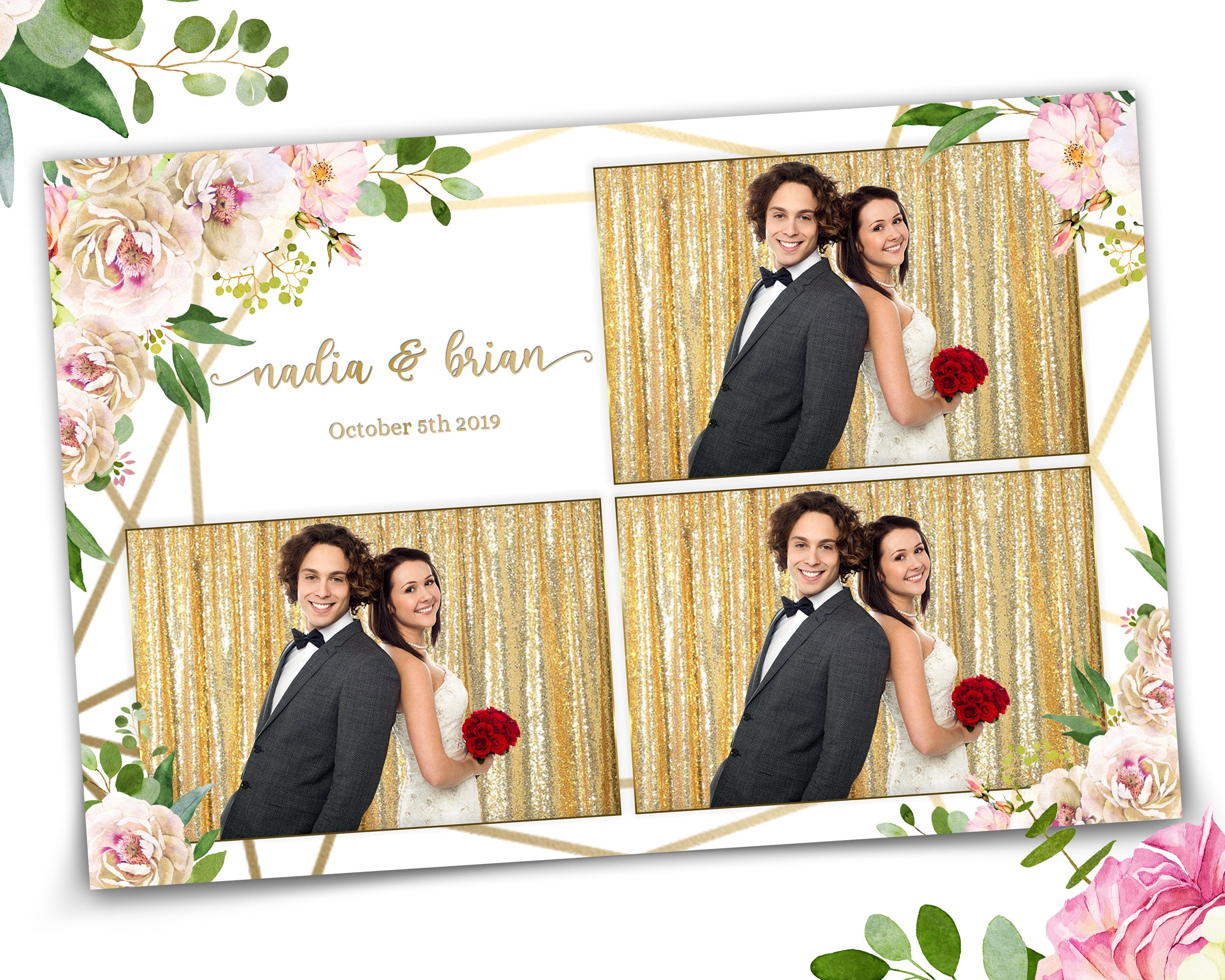 Wedding Photobooth Template, 4x6 Floral Photo booth Template, Bridal Shower Photo booth Template Light Pink, Greenery, Gold