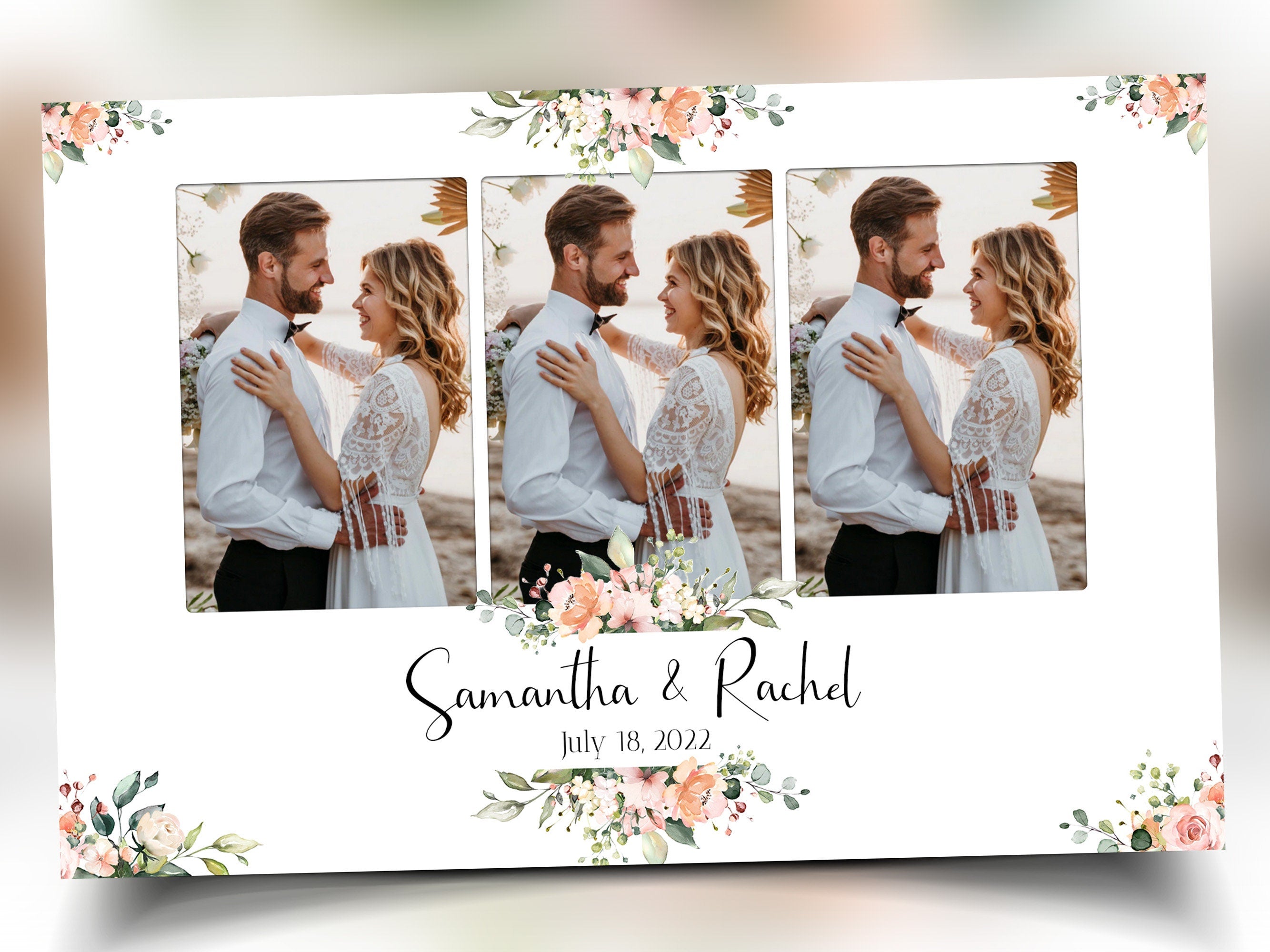 Wedding Mirror photo booth template 4x6 3 shot photo booth landscape floral light pink rose flowers and greenery photobooth B37 1242