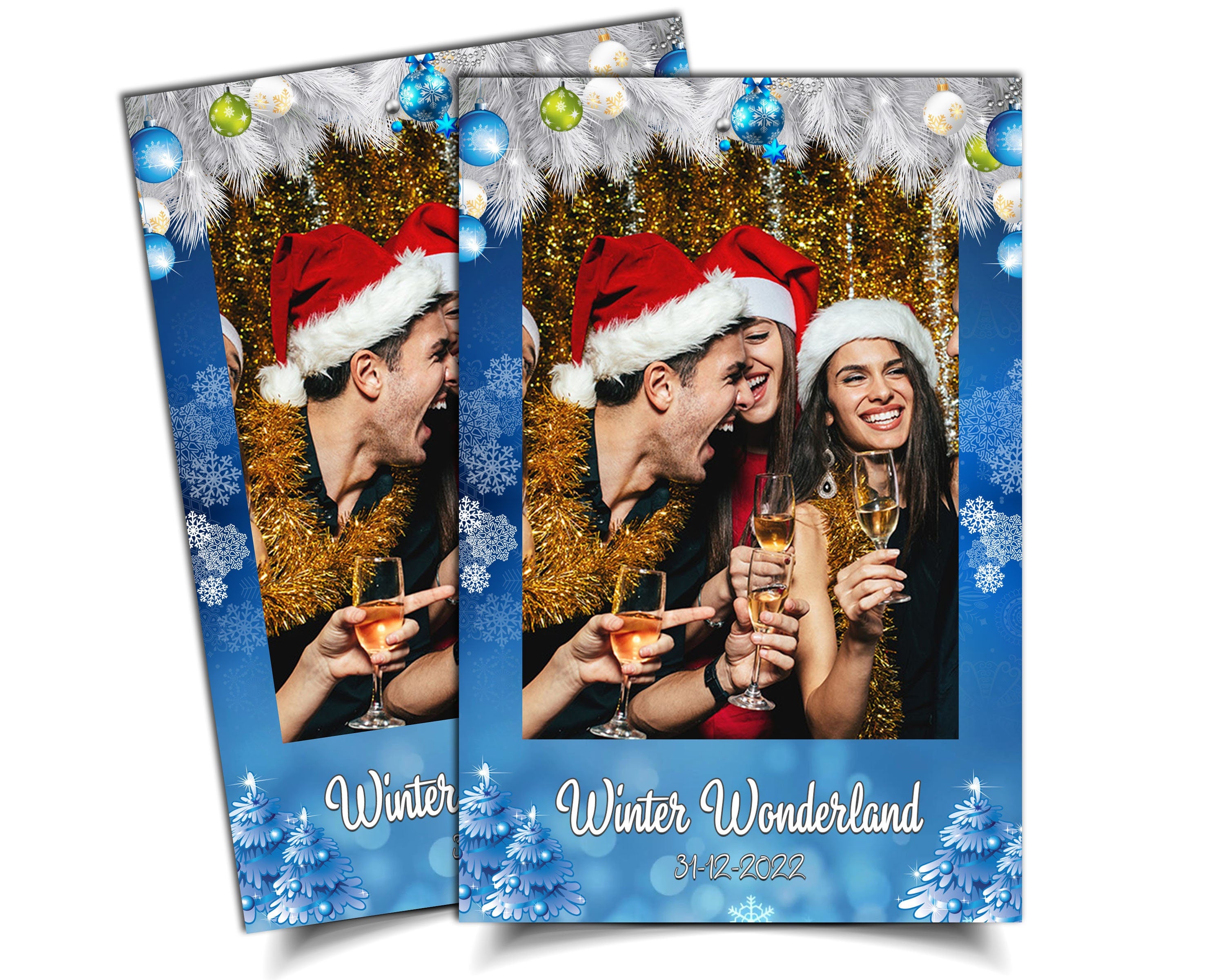 Winter Wonderland & Merry Christmas Holiday Party Photobooth Template, New Year 2023 4x6 Portrait mirror booth white pine tree snow flakes