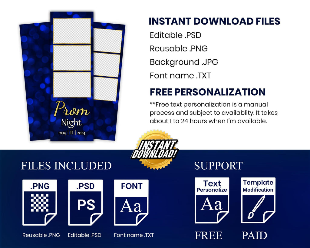 Prom Night Photobooth Template, Class of 2024, Graduation Photo booth Template, Blue Gold 2x6 Stripe,  1078