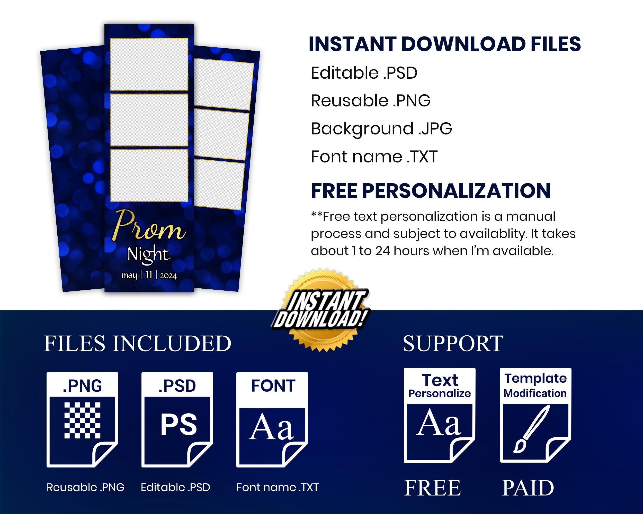 Prom Night Photobooth Template, Class of 2024, Graduation Photo booth Template, Blue Gold 2x6 Stripe,  1078
