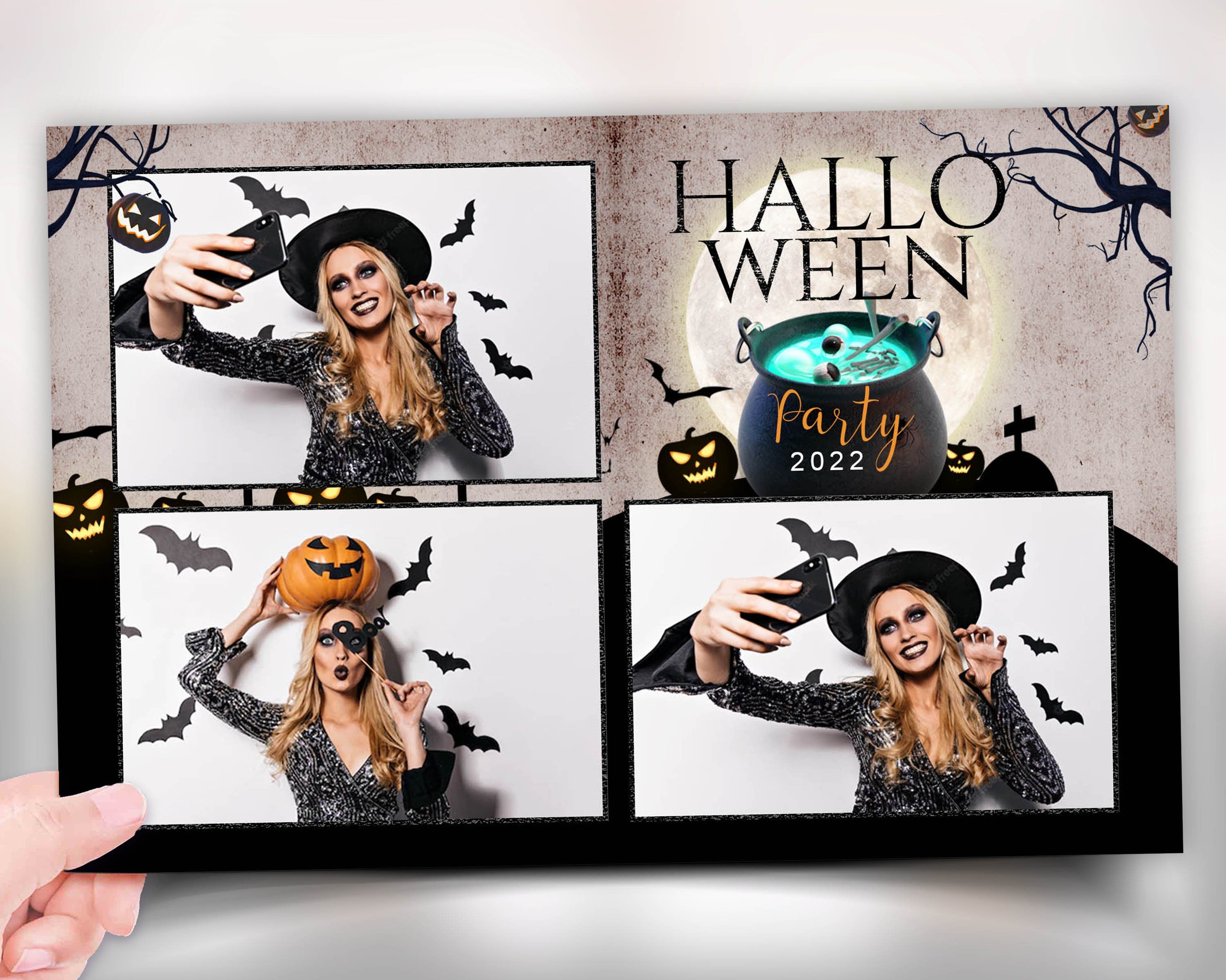 Halloween Photobooth Template 4x6 Trick or Treat Party 2024 stylish halloween Photo booth Template postcard 3 shots PSD PNG Font