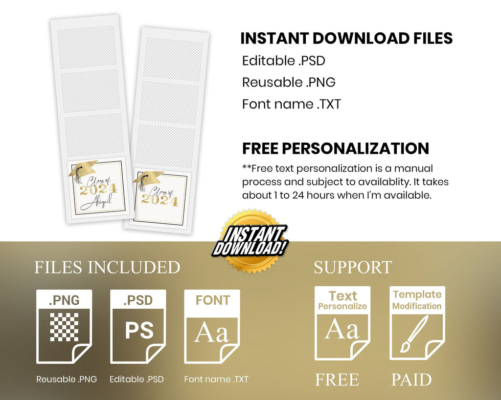 Graduation Photo Booth Template, Class of, Prom Photobooth, White Gold Grad 1094